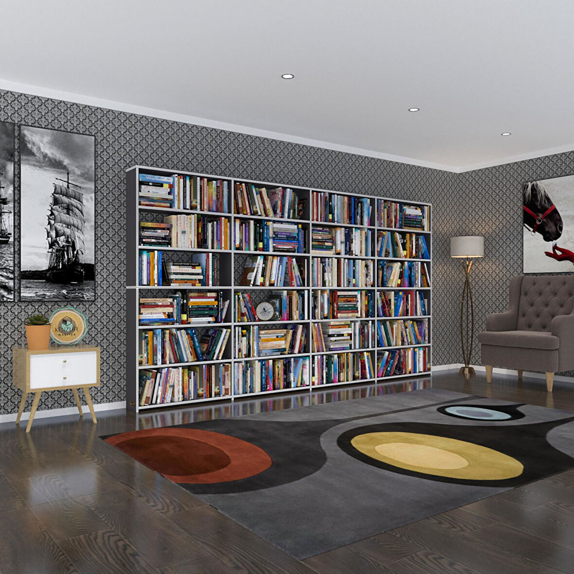 Kenzlife kitaplık süper ga gri 180*320*19 6 katlı 4 bölme çift bölme opsiyonlu ofis mutfak banyo dolabı arkalıksız