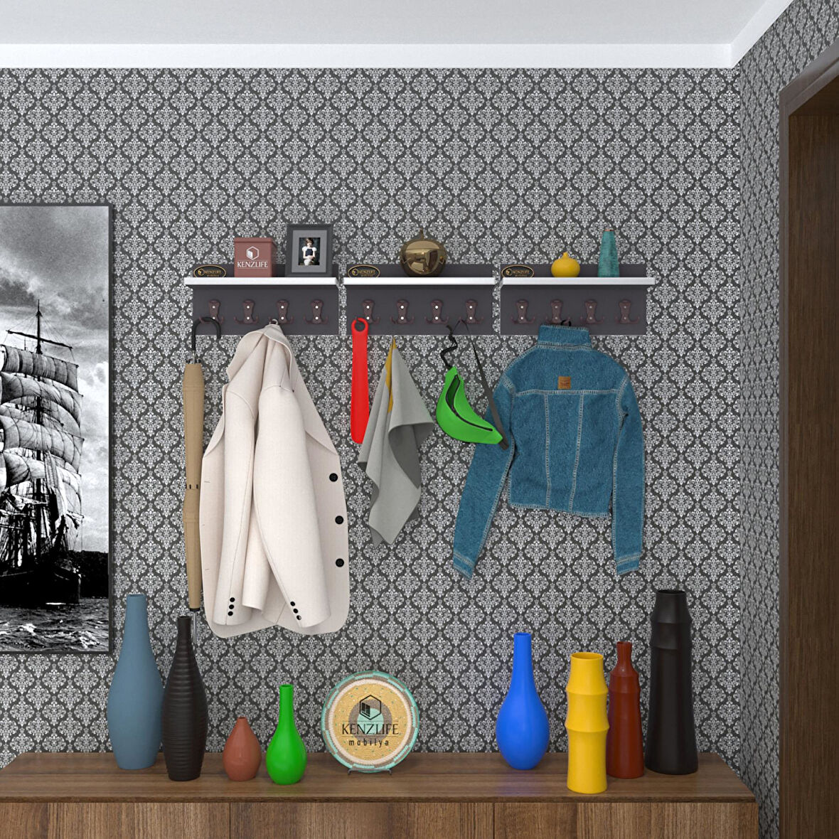 Kenzlife elbise askılığı karayemiş3 gri 26*114*12 vestiyer portmanto askı askılık 12 adet askı