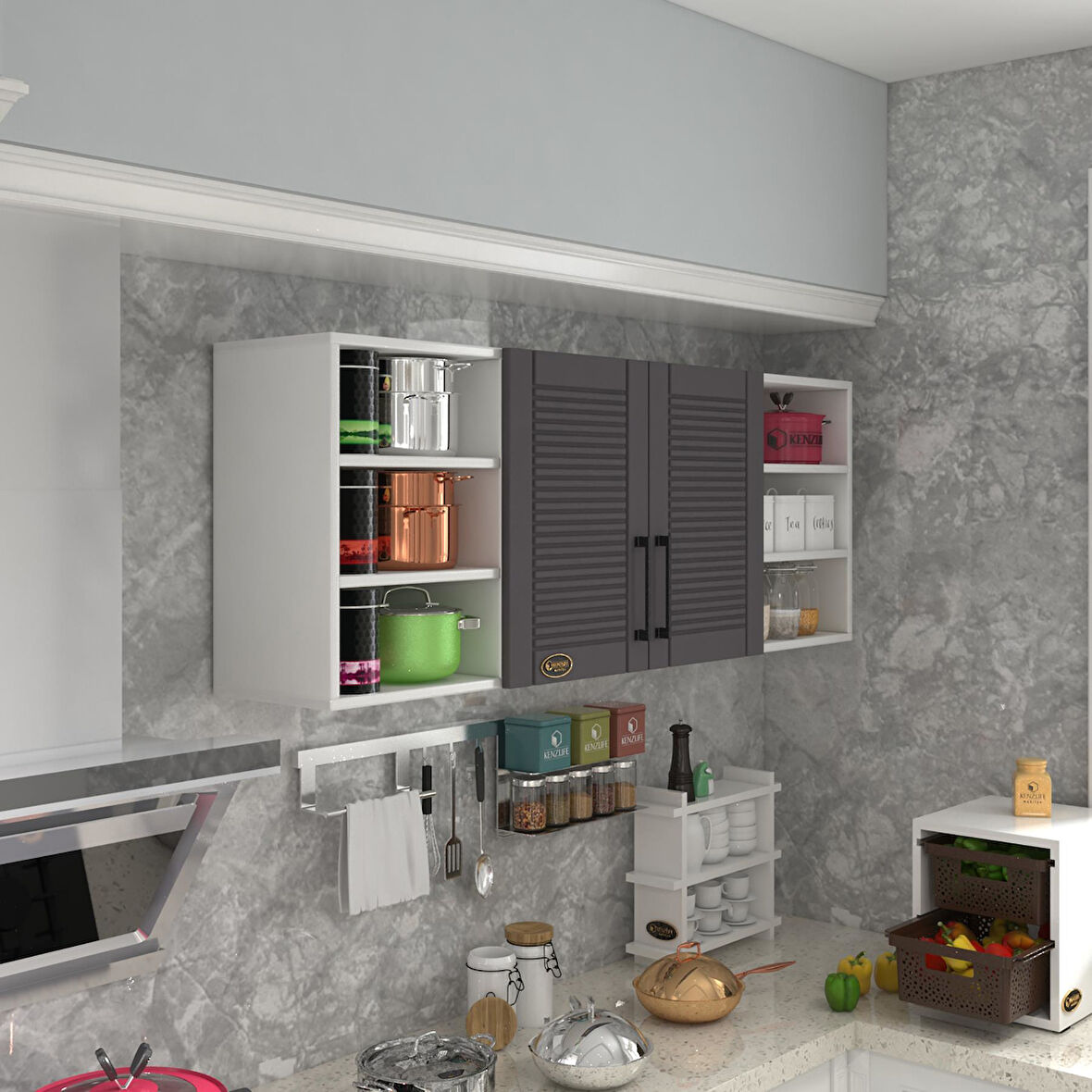 Kenzlife hazır mutfak dolabı domates60 gri mod2 60*160*32 mebran kapak suntalam gövde