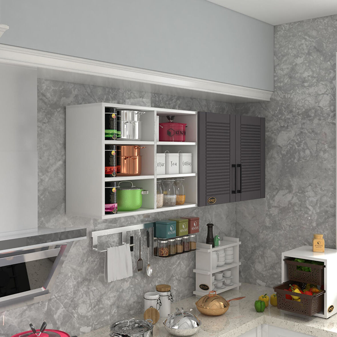 Kenzlife hazır mutfak dolabı patlıcan60 gri mod2 60*160*32 mebran kapak suntalam gövde