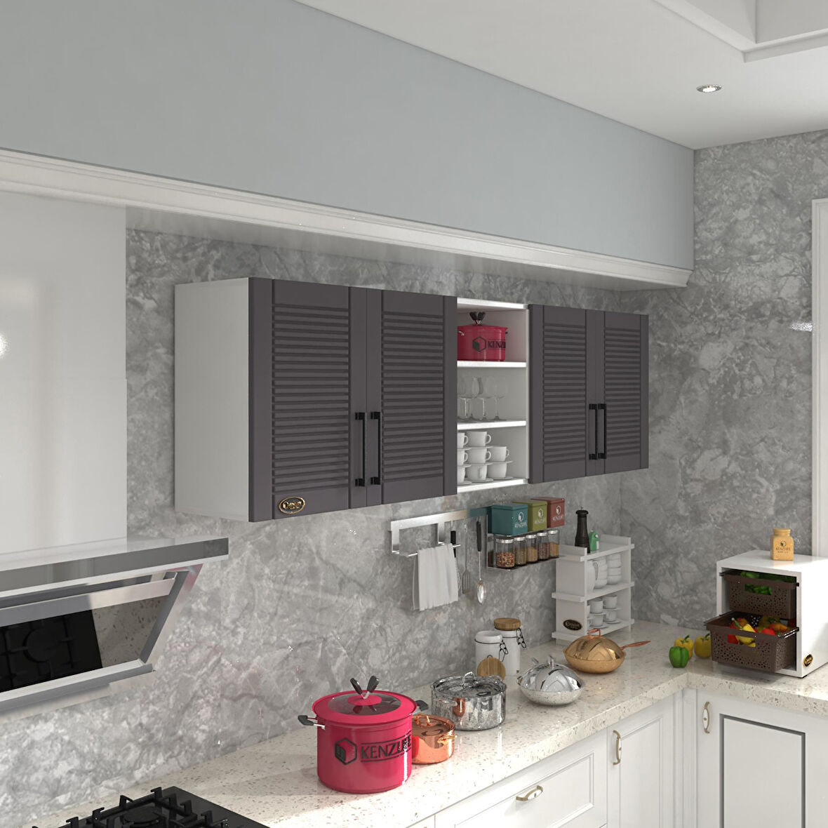 Kenzlife hazır mutfak dolabı fasulye90 gri mod2 90*200*32 mebran kapak suntalam gövde