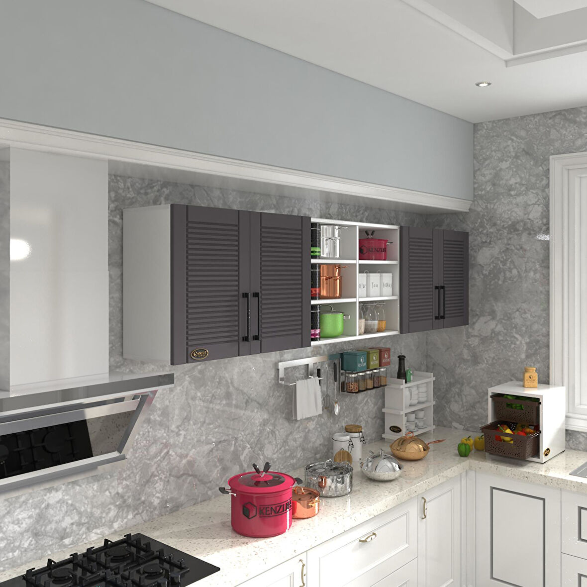 Kenzlife hazır mutfak dolabı bulgur90 gri mod2 90*240*32 mebran kapak suntalam gövde