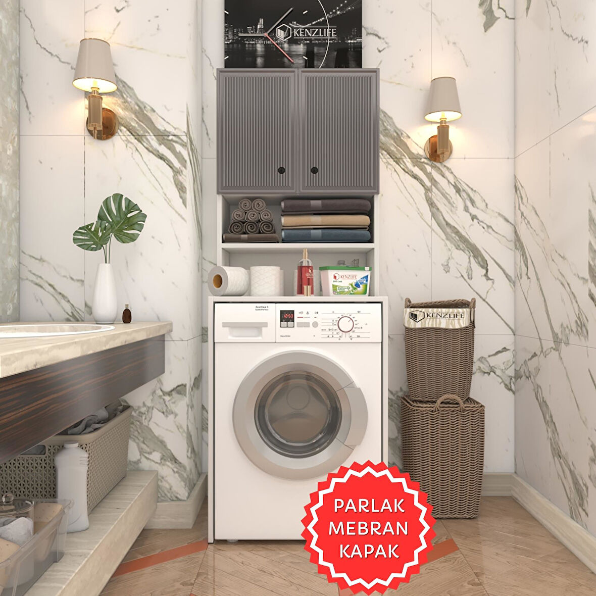 Kenzlife membran çamaşır makinesi dolabı hayzum gribyz inceince 180*66*55 mebran kapak suntalam gövde
