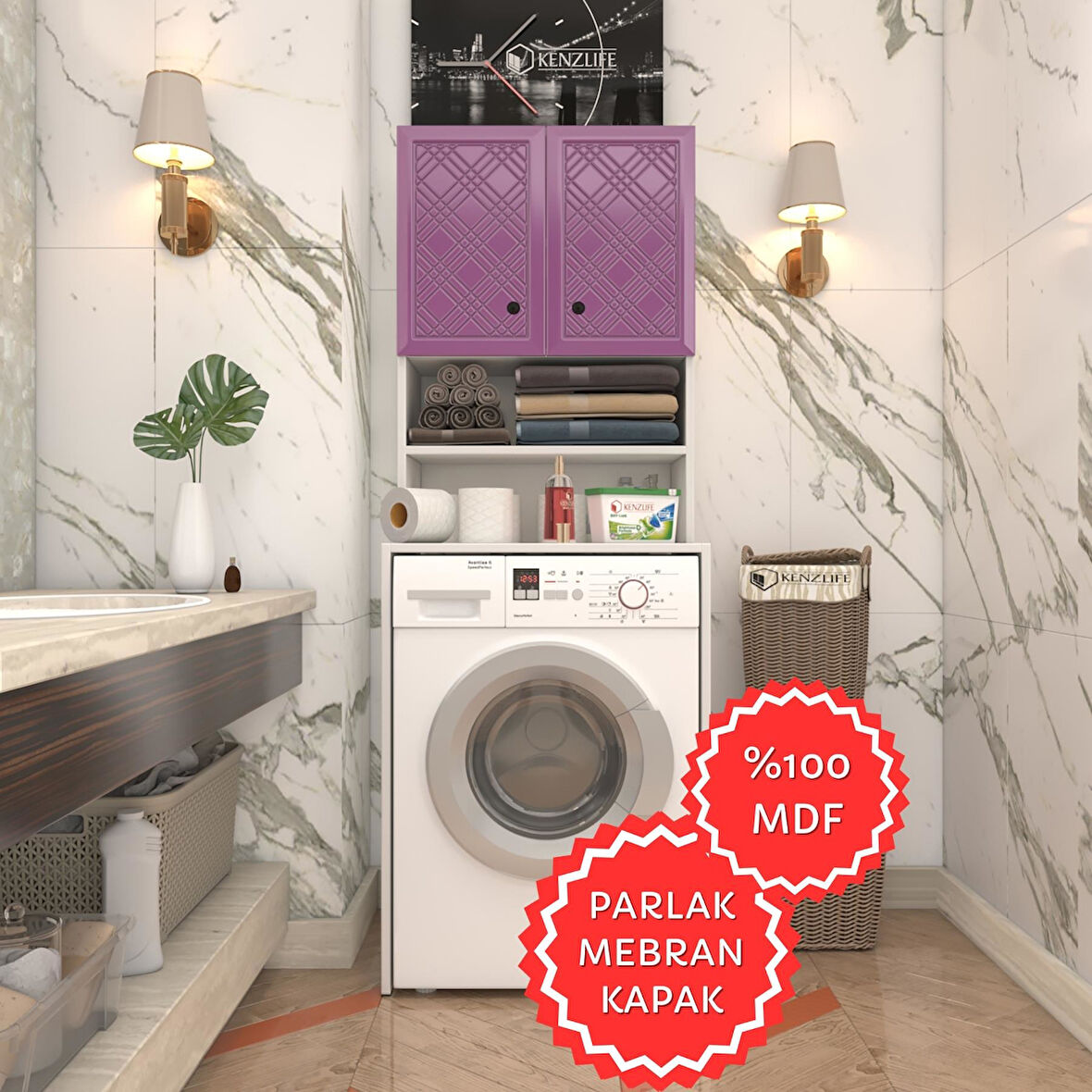 Kenzlife membran çamaşır makinesi dolabı hayzum llabyz hasır 180*66*55 mebran kapak MDF gövde