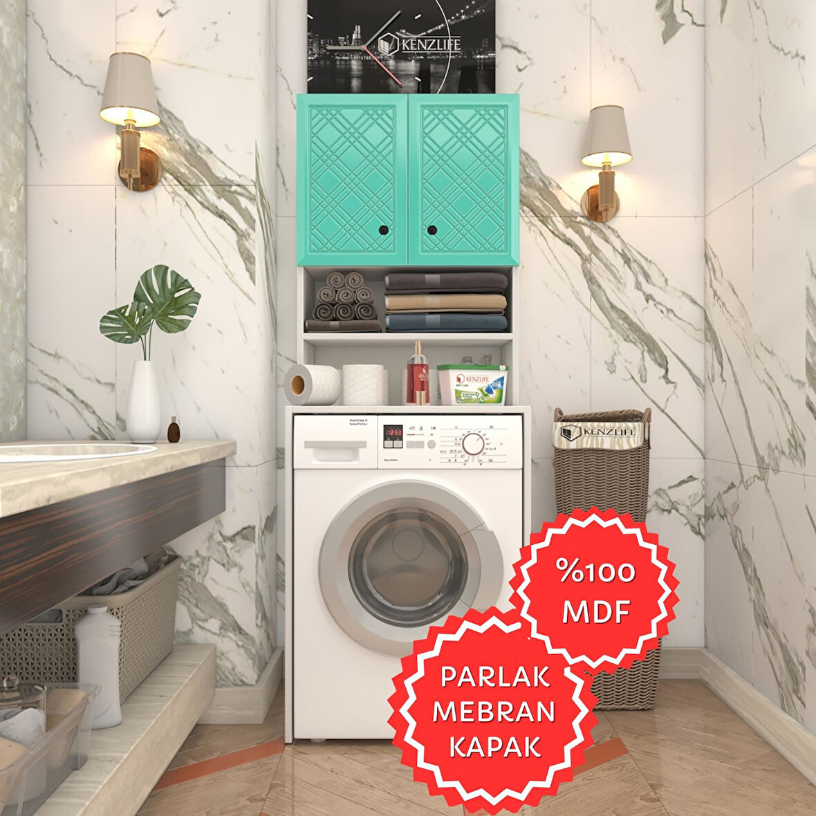 Kenzlife membran çamaşır makinesi dolabı hayzum trkbyz hasır 180*66*55 mebran kapak MDF gövde