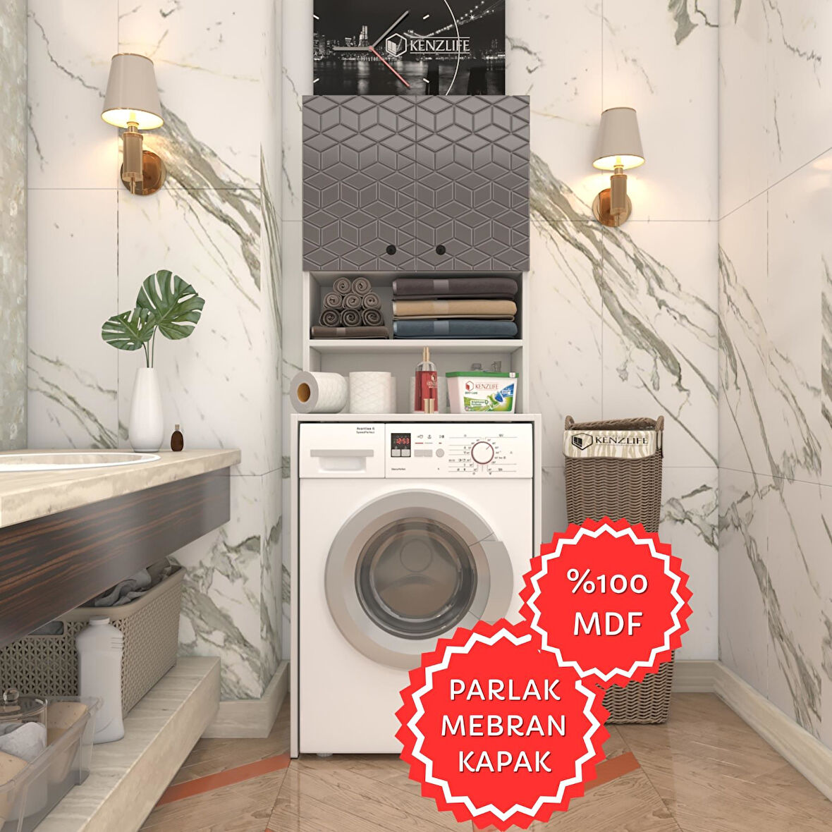 Kenzlife membran çamaşır makinesi dolabı hayzum gribyz küpşeker 180*66*55 mebran kapak MDF gövde