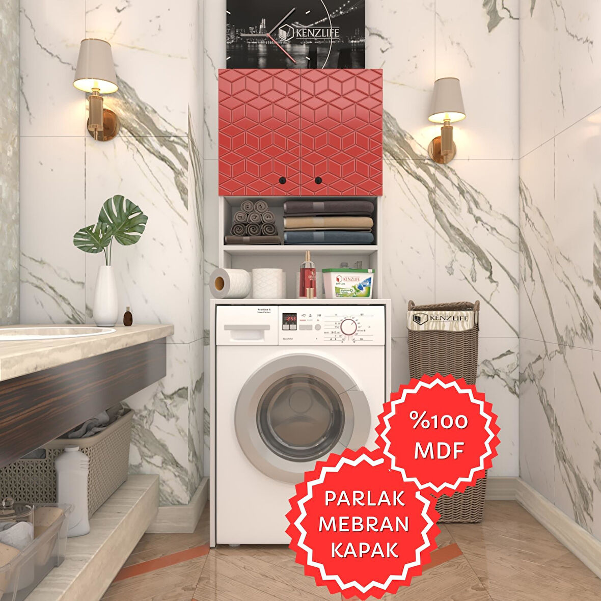 Kenzlife membran çamaşır makinesi dolabı hayzum krmbyz küpşeker 180*66*55 mebran kapak MDF gövde