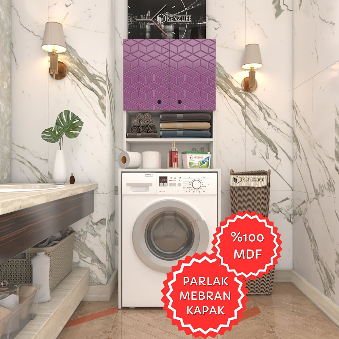 Kenzlife membran çamaşır makinesi dolabı hayzum llabyz küpşeker 180*66*55 mebran kapak MDF gövde