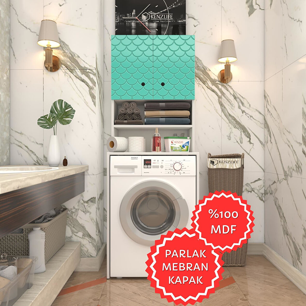 Kenzlife membran çamaşır makinesi dolabı hayzum trkbyz petek 180*66*55 mebran kapak MDF gövde