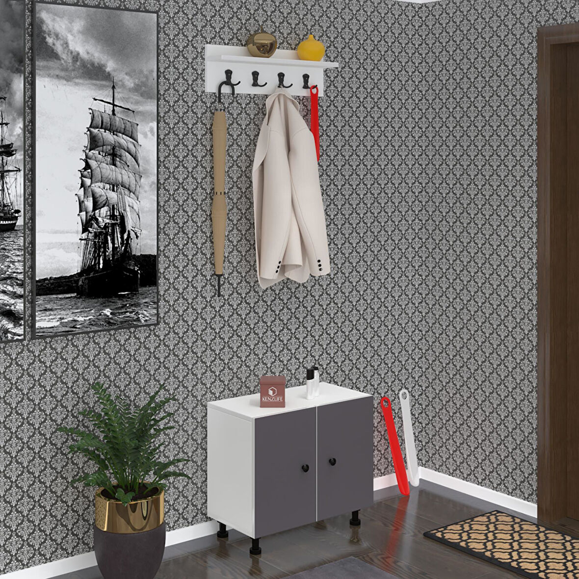 Kenzlife ayakkabılık cimcime3 gribyz 53*060*32 kapaklı 3 raflı 9 çift ayakkabı kapasitesi