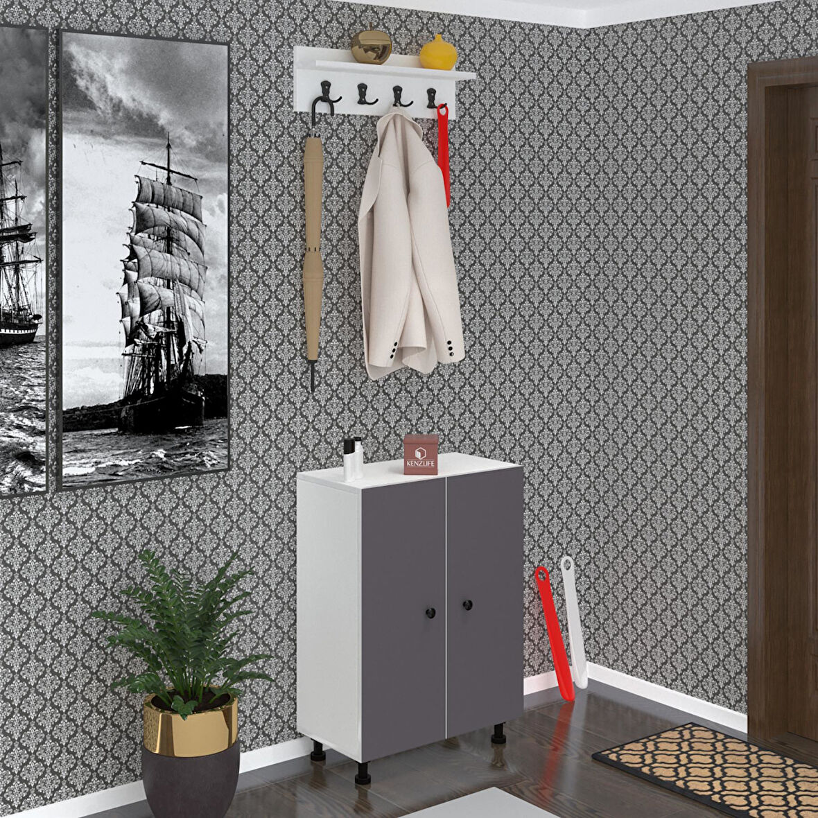 Kenzlife ayakkabılık cimcime5 gribyz 83*060*32 kapaklı 5 raflı 15 çift ayakkabı kapasitesi