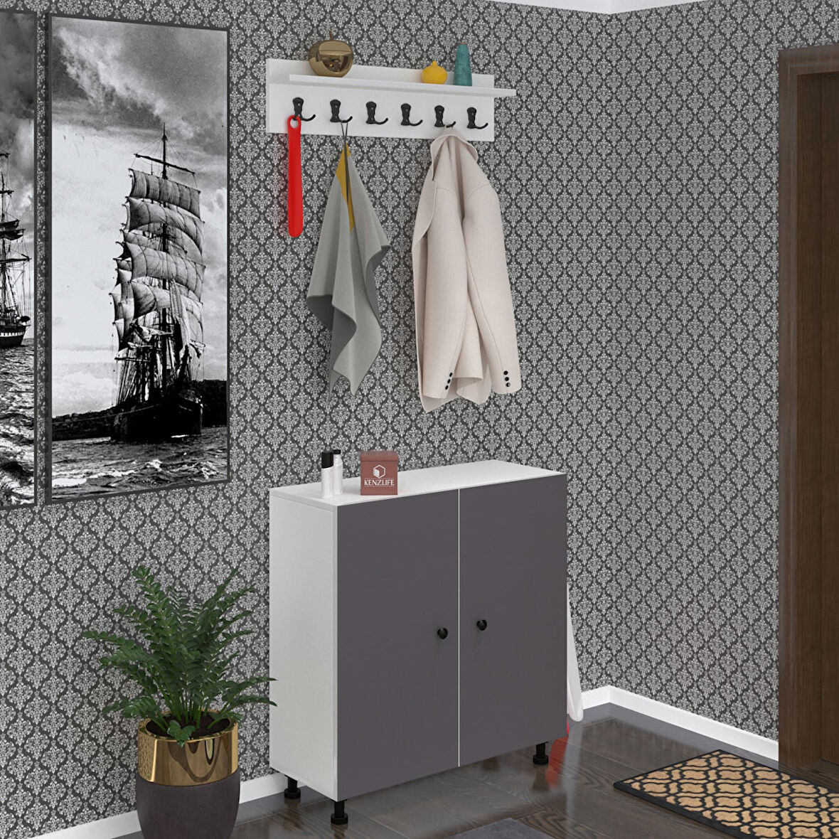 Kenzlife ayakkabılık galoş5 gribyz 53*080*32 kapaklı 5 raflı 20 çift ayakkabı kapasitesi