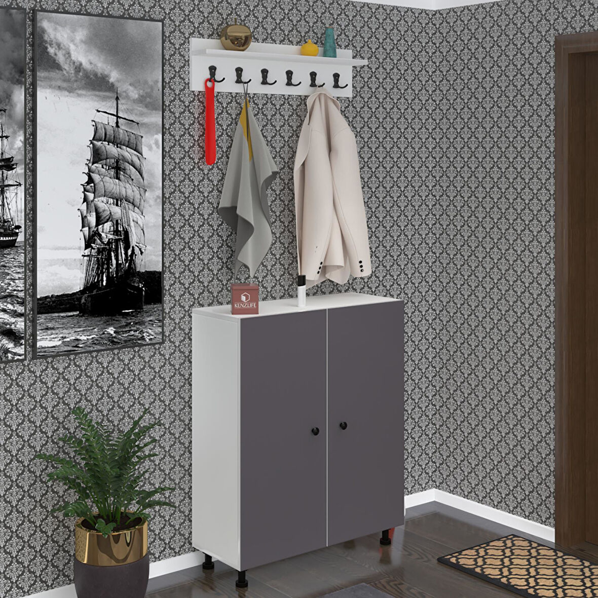 Kenzlife ayakkabılık galoş6 gribyz 53*080*32 kapaklı 6 raflı 24 çift ayakkabı kapasitesi