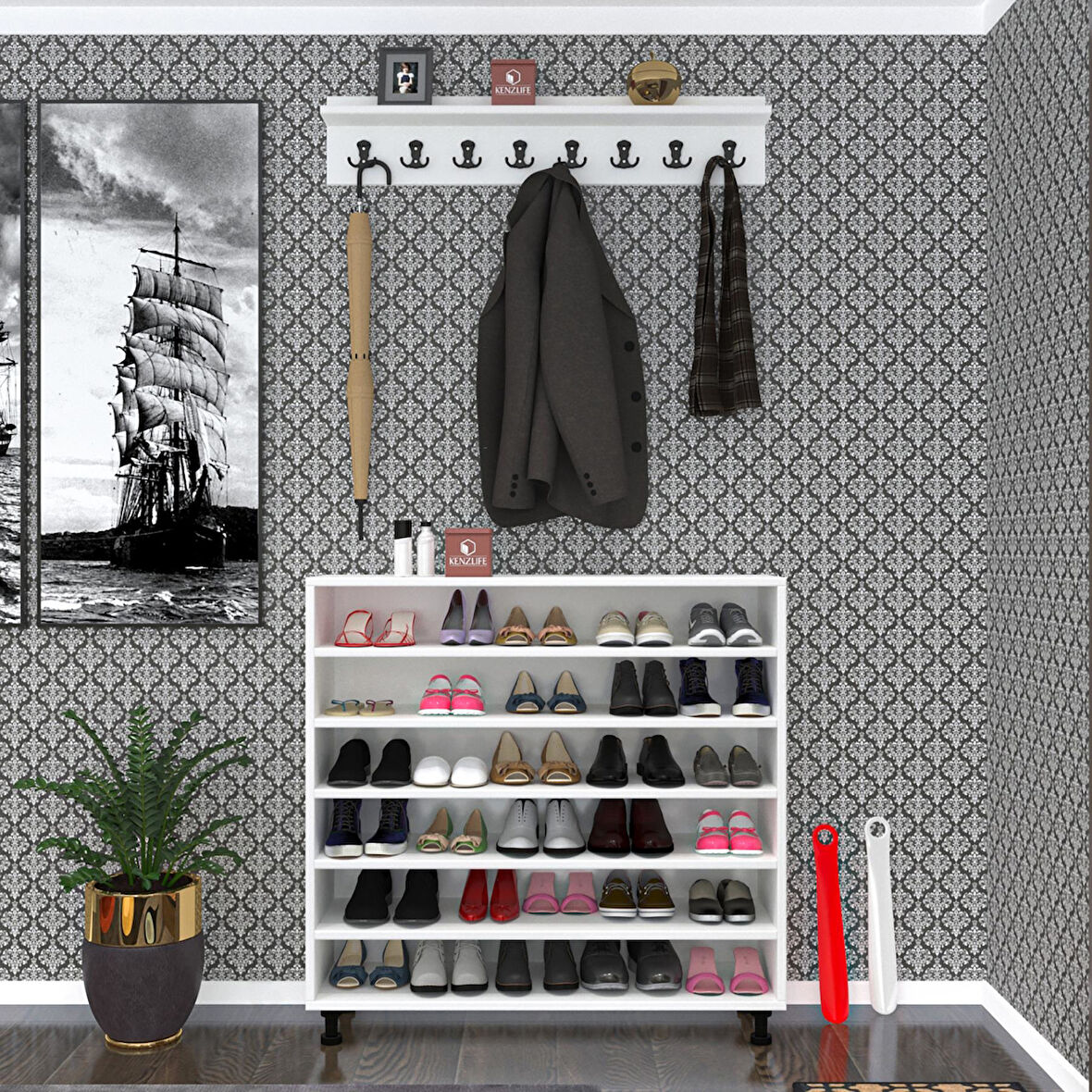Kenzlife ayakkabılık fotin6 byz 98*100*30 kapaksız 6 raflı 30 çift ayakkabı kapasitesi