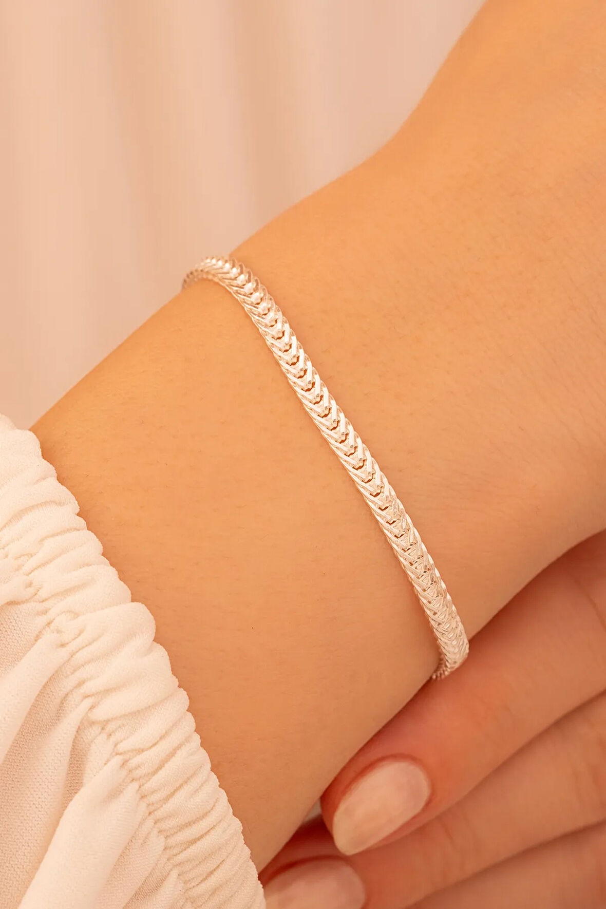 Kadın Gümüş Bileklik - 3.5mm Yassı Beyaz Tilki Kuyruğu Zincir Gümüş Kadın Bileklik