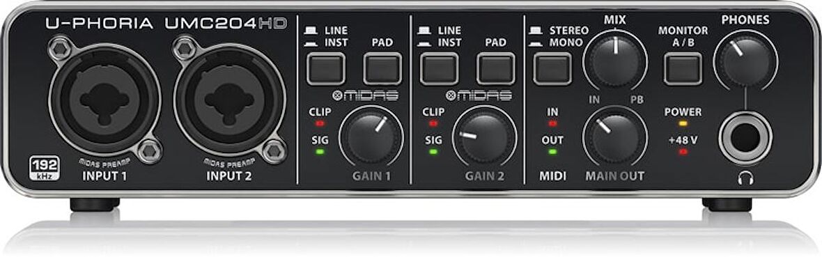 Behringer UMC204HD Audiophile 2x4, 24-Bit/192 kHz USB Audio/MIDI Arabirimi, Midas Mic Preamplifikatörleri ile