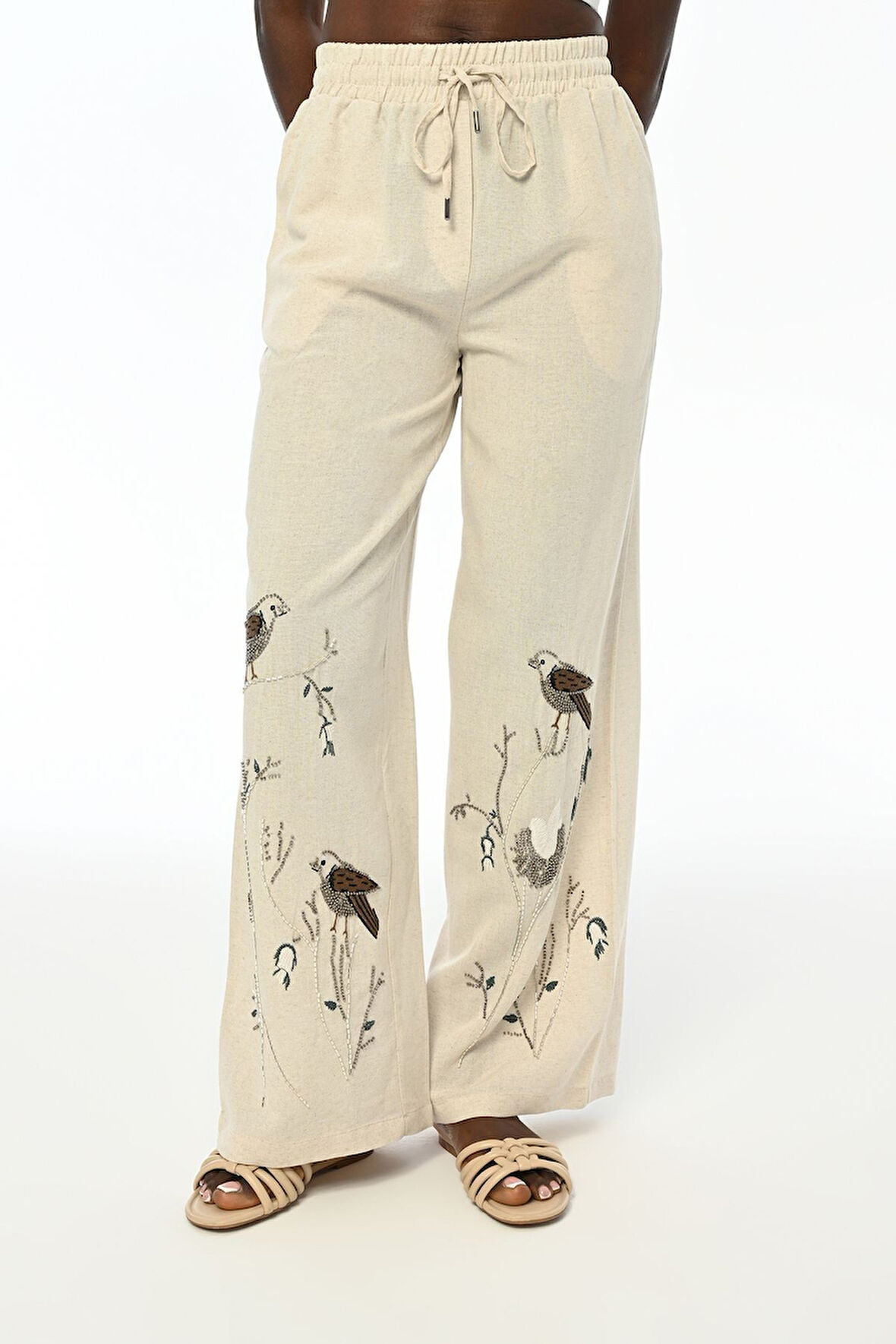 KADIN KUŞ NAKIŞ İŞLEMELİ BOL PAÇA PANTOLON