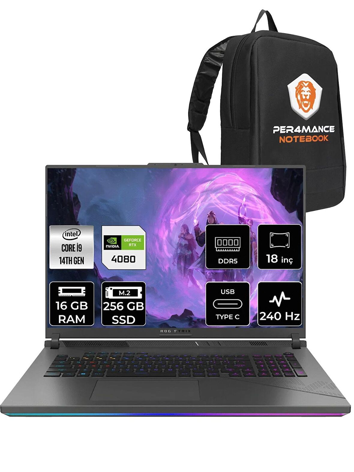 ASUS ROG Strix G18 i9-14900HX 16GB 256GB SSD RTX4080/12GB 240Hz 18" WQXGA FDOS N6092 & PER4 ÇANTA