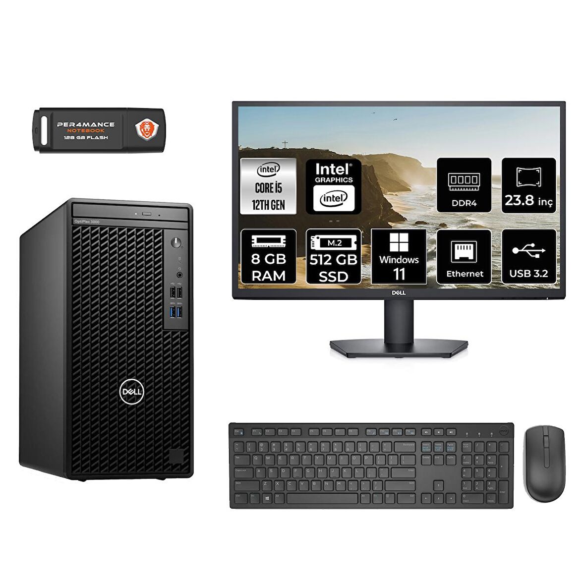 Dell OptiPlex 3000MT i5 12500 8GB 512GB SSD W11P N010O3000MTAC MASAÜSTÜ PC & 23.8" MONİTÖR 