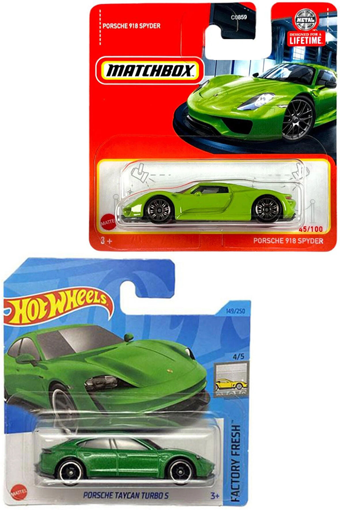 2 Araç Porsche Set - Hot Wheels Taycan Turbo S & Matchbox 918 Spyder (1/64)