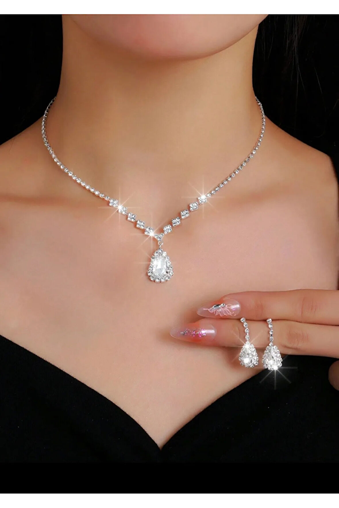 Gümüs Kaplama Meyra Kolye ve Küpe Seti 2'li Set Davet Dügün Nisan Abiye