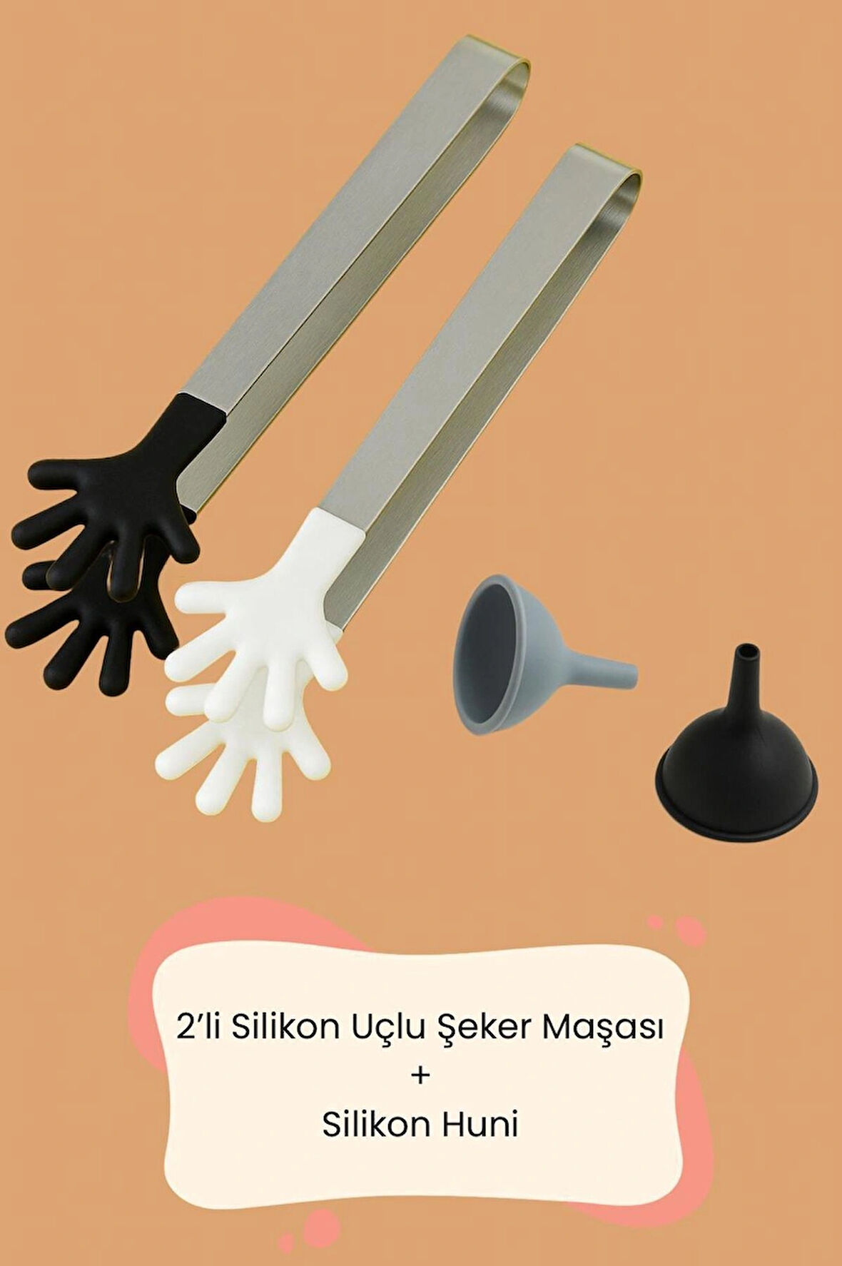 2 adet Silikon Uçlu Şeker Maşası ve 1 adet Silikon Huni Seti – Pratik Mutfak Yardımcısı