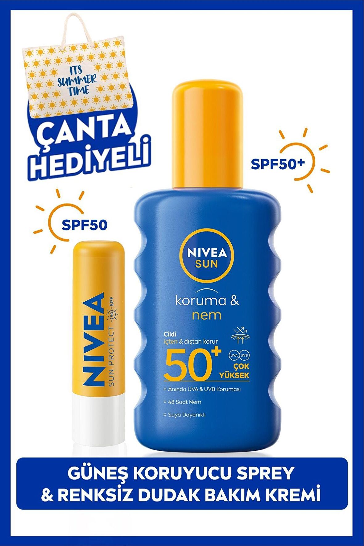 Nivea Sun Koruma Ve Nem Vücut Spreyi 200ml Ve Yüksek Güneş Korumalı Dudak Bakım Kremi, Spf50, Çanta Hediye