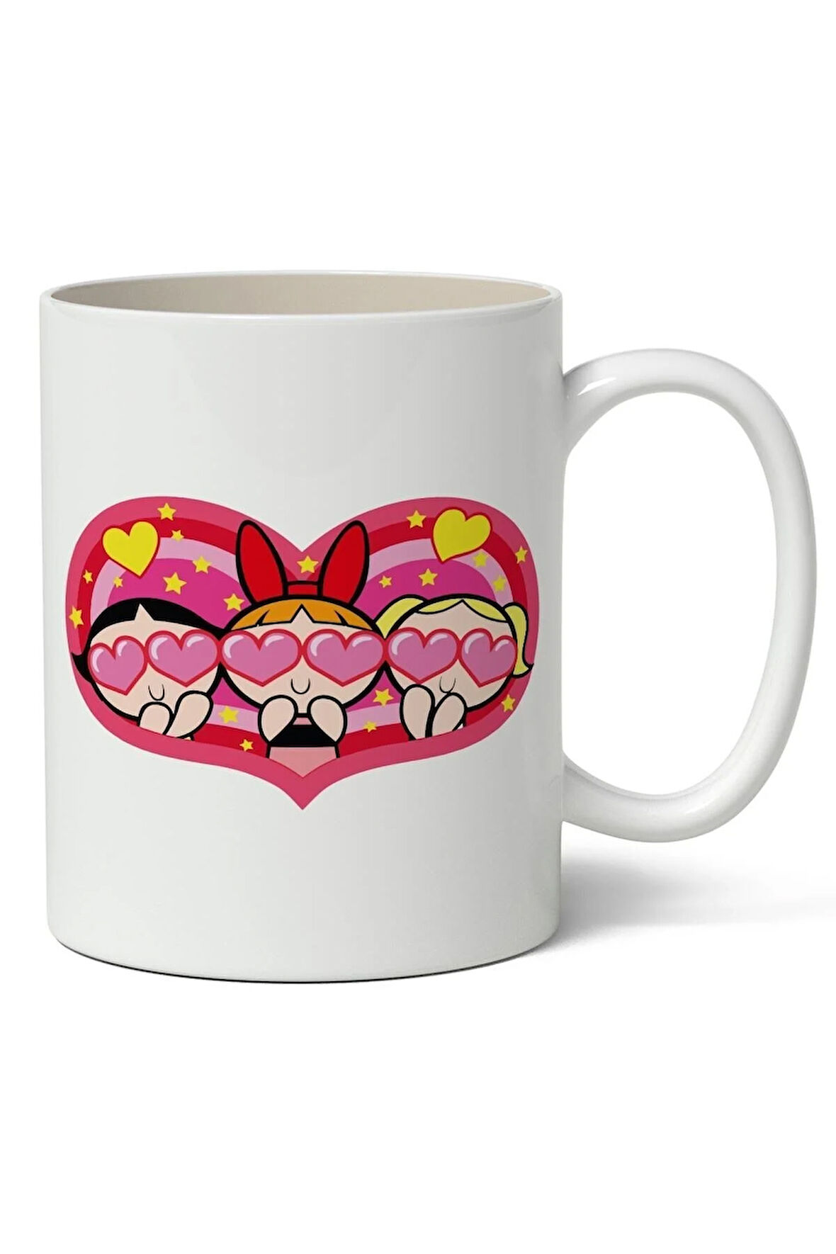 Powerpuff Girls Kalp Temalı Beyaz Porselen Kupa Bardak