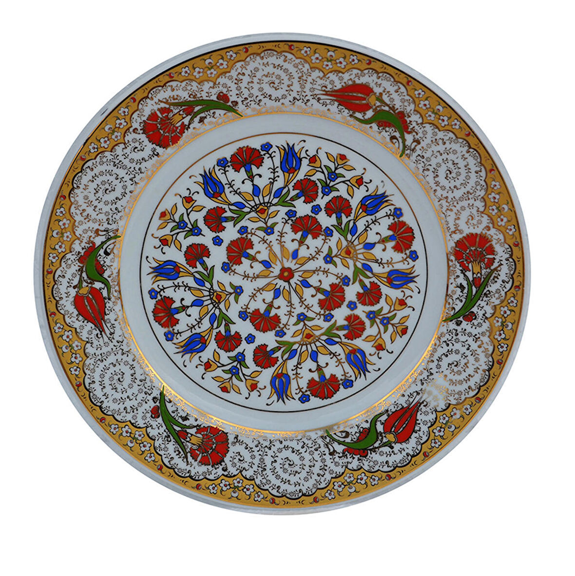 Armada Çini Prt 43 25 Cm Sarı Altın Yaldızlı Lale Karanfil Desenli Porselen Çini Tabak