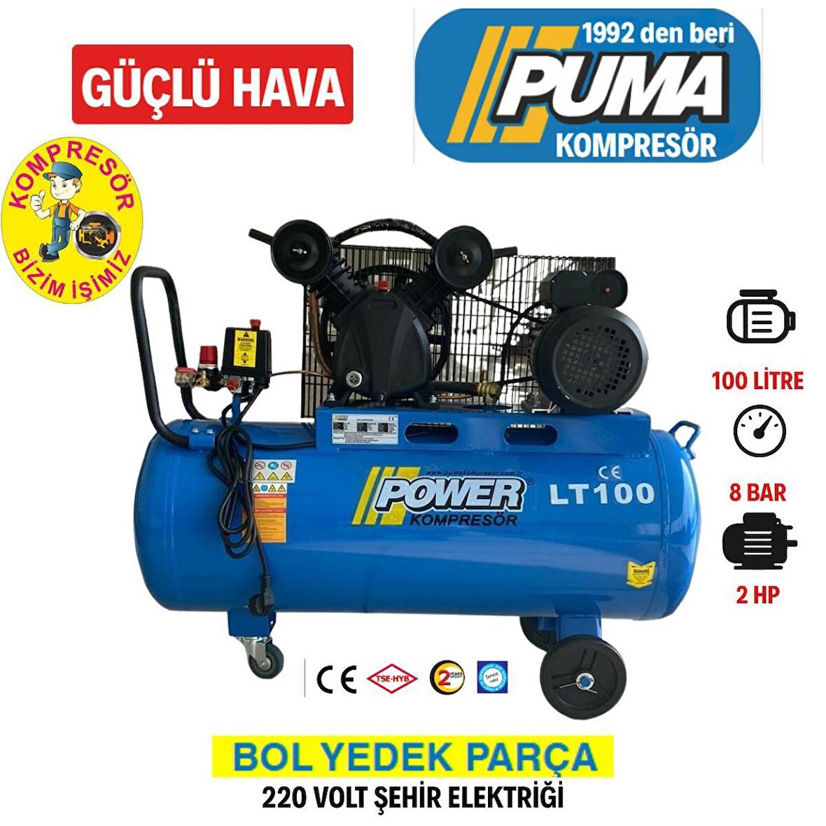 PİSTONLU KOMPRESÖR - 100 Lt - 2 HP - 8 Bar - Hava Üretimi: 200 Lt/dk. - 220 Volt