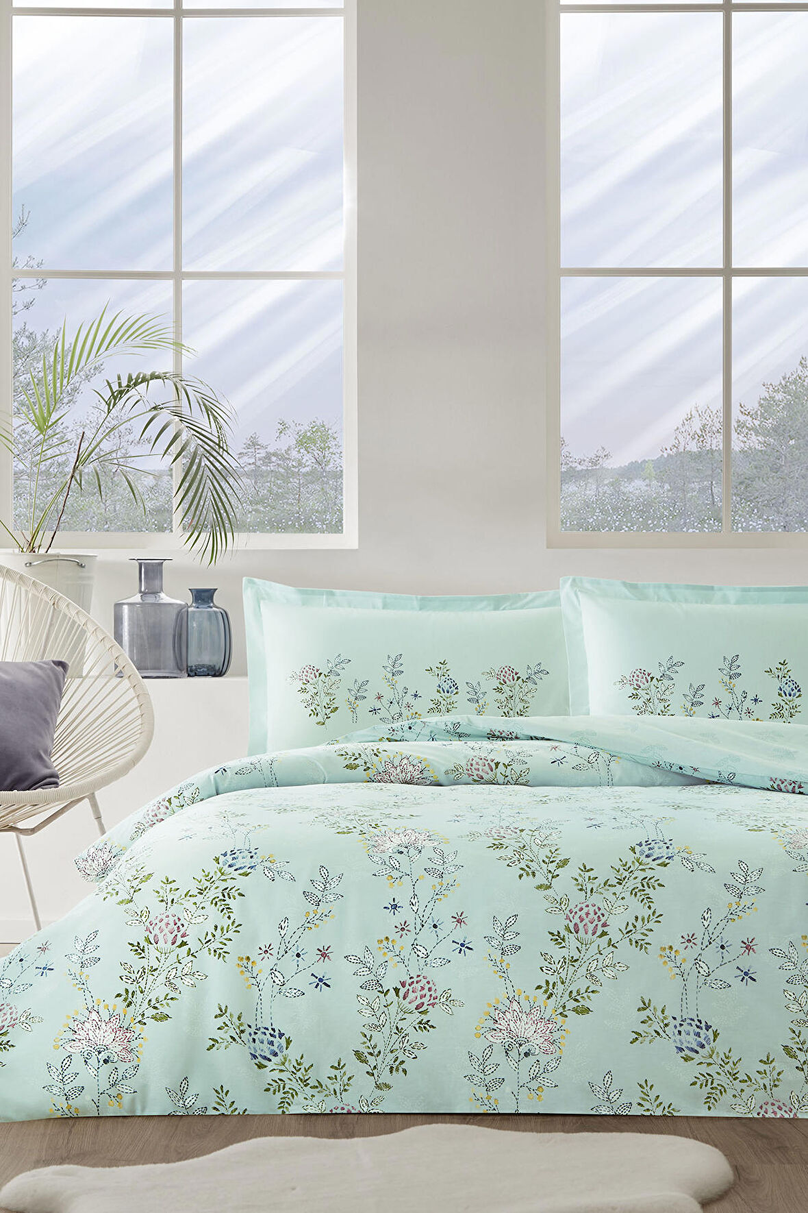 ÖZDİLEK NEVRESİM TAKIMI  RANFORCE 57 TEL ÇİFT KİŞİLİK MINT ROMANTIC TOUCH