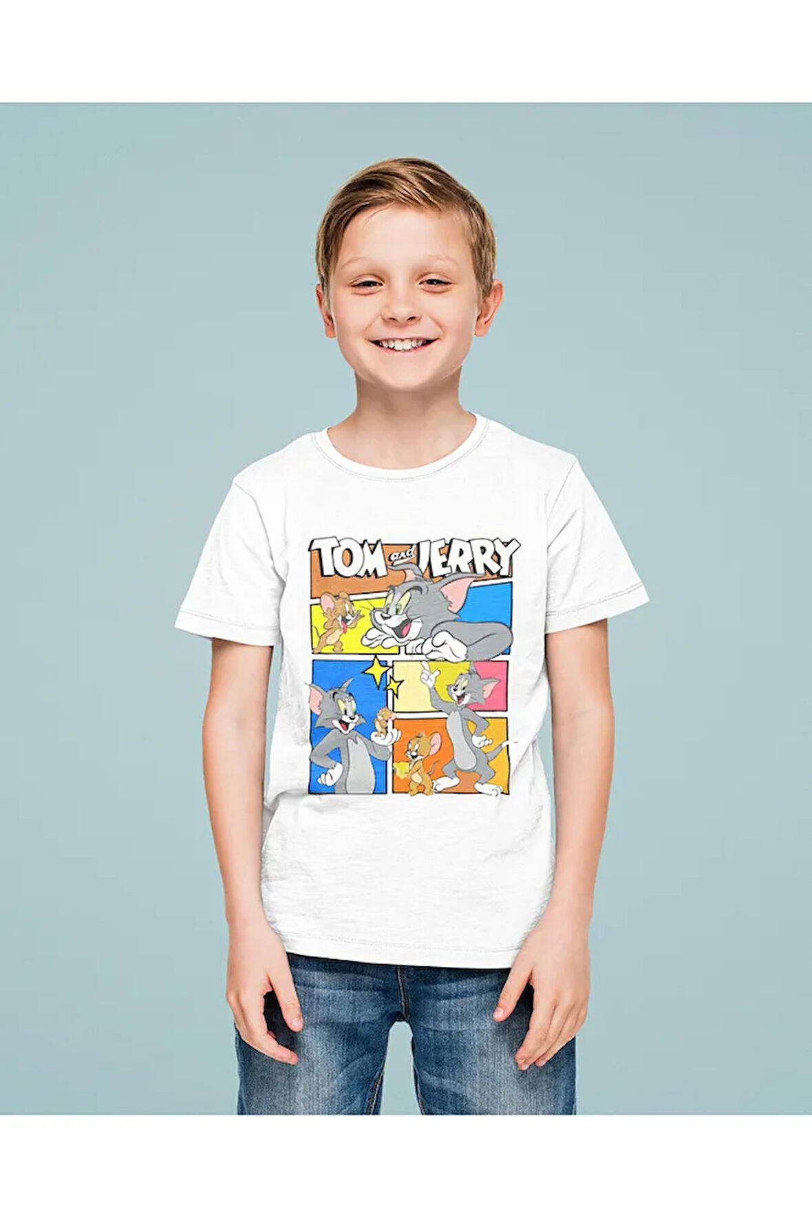 Tom Ve Jerry Baskılı Unisex Çizgi Film Çocuk Tişört (1-12 Yaş)