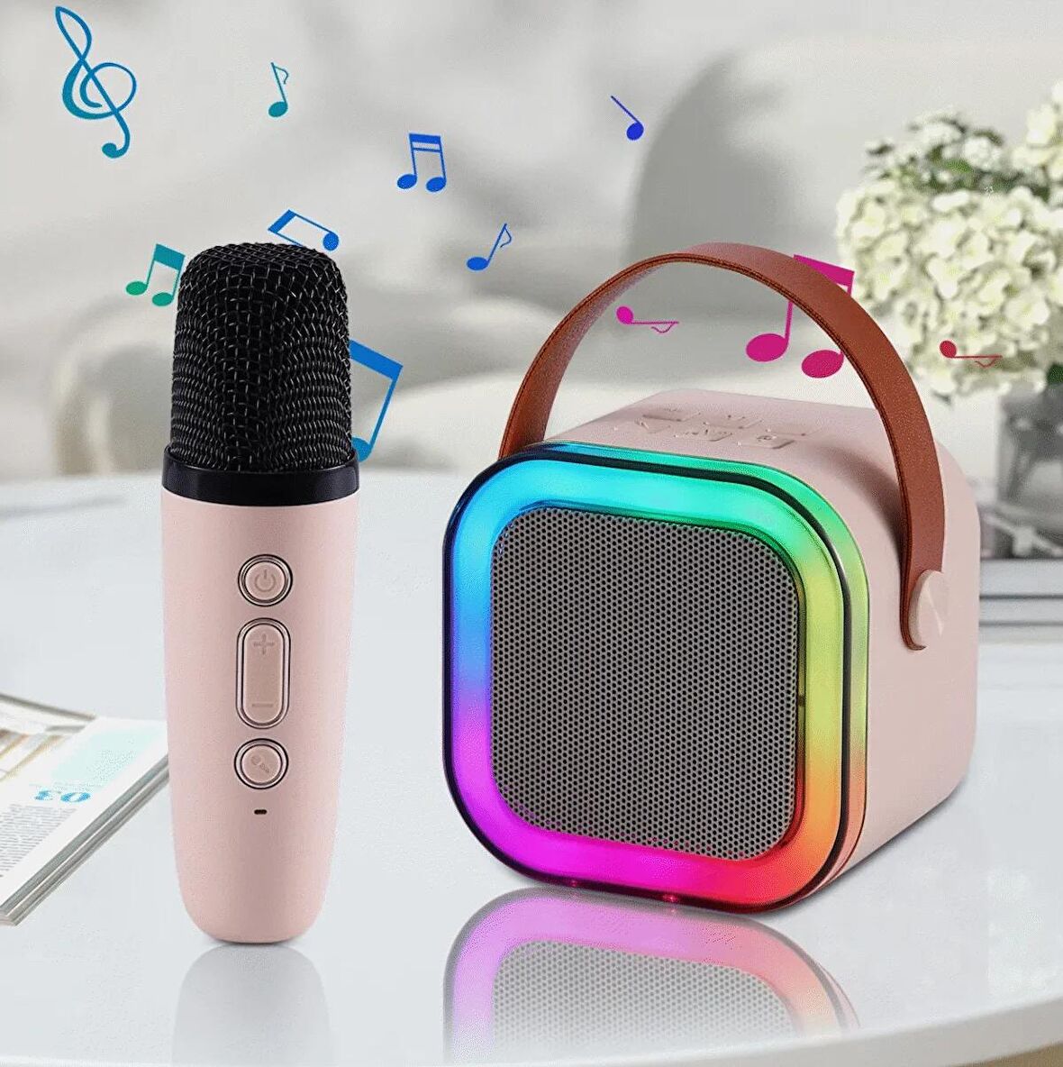 Rgb Işıkl Mikrofonlu Taşınabilir Bluetooth Hoparlör Kablosuz Karaoke Müzik Eğlence  KARAOKE Hoparlör PEMBE
