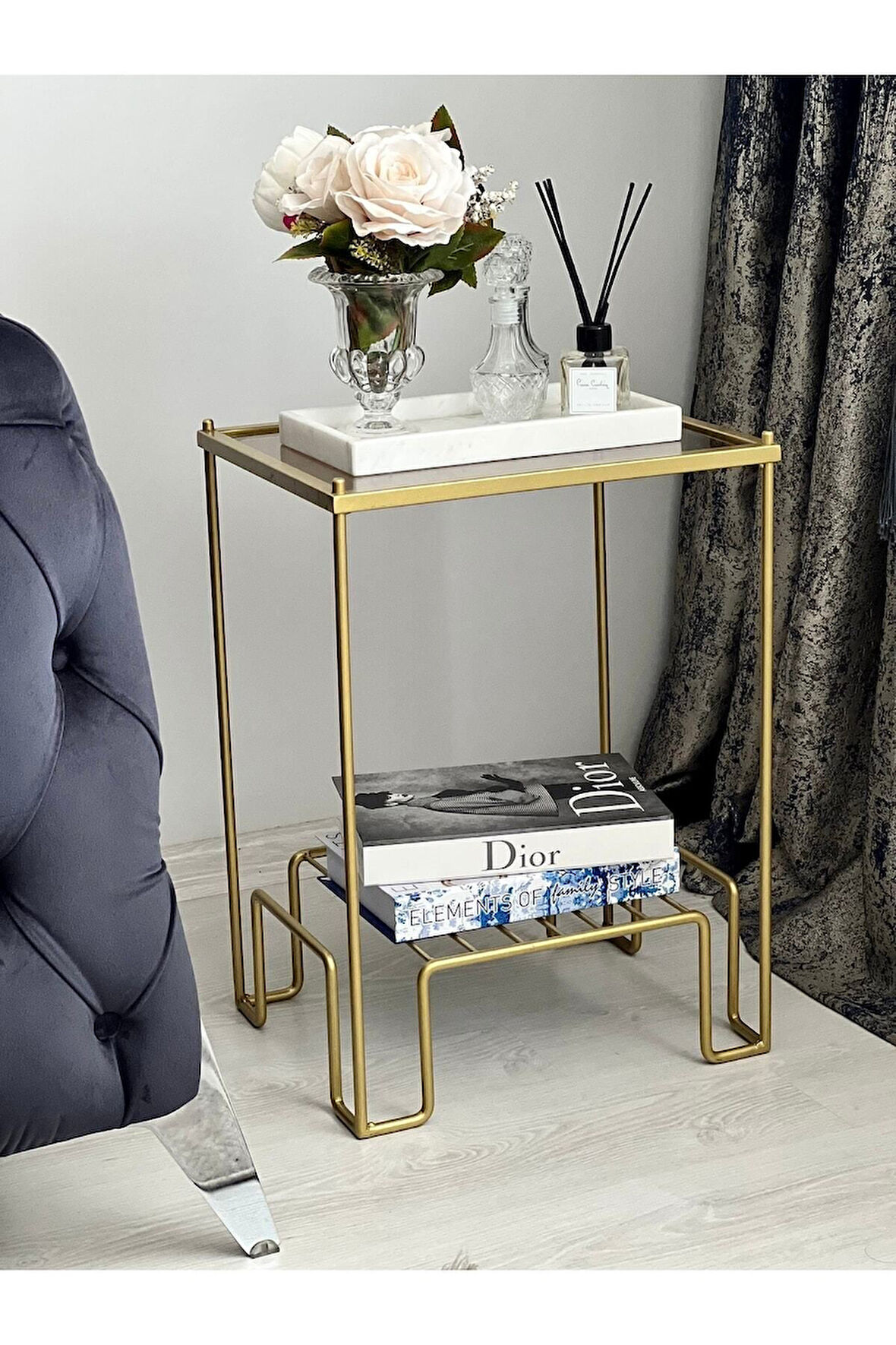 Lotus Metal Camlı Yan Sehpa Gold-bronz
