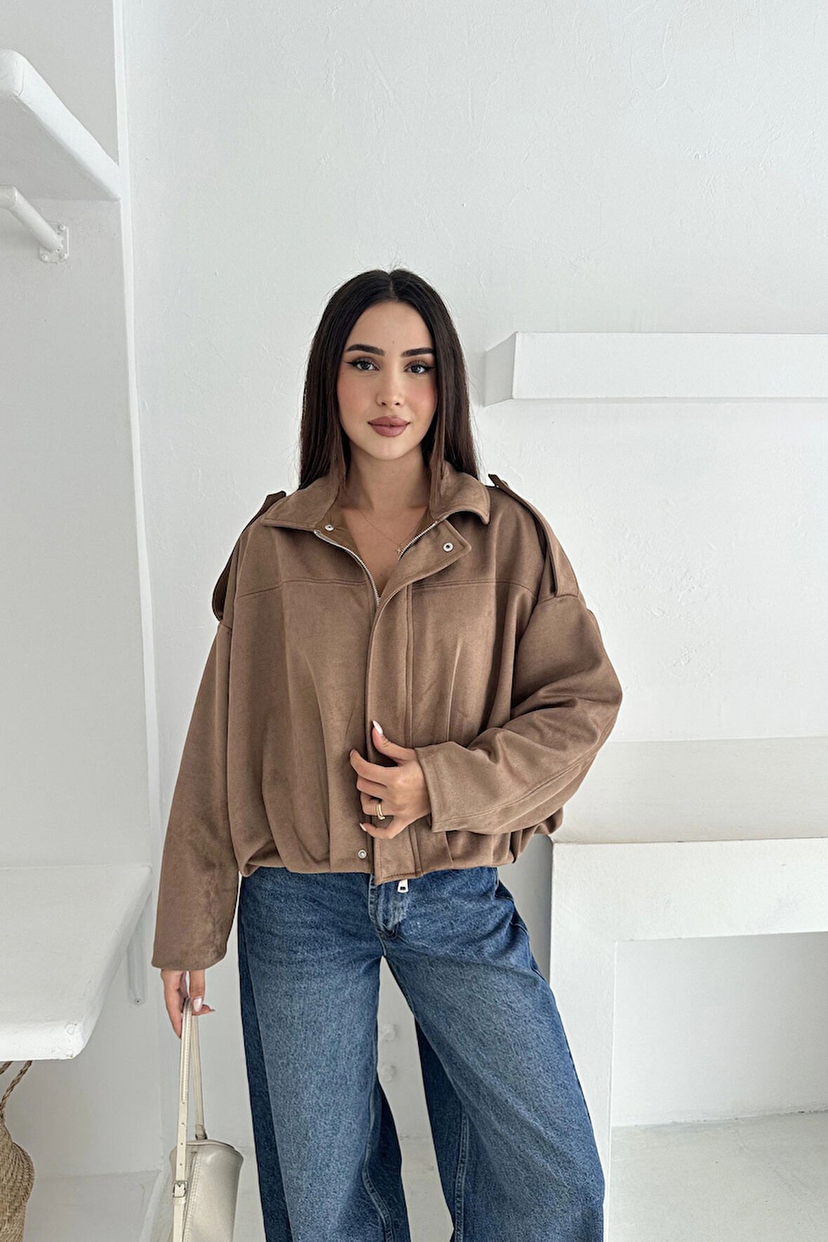 Oversize Astarlı Bomber Süet Ceket