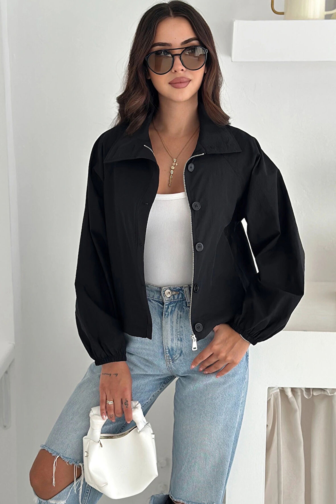 Stoperli Düğmeli Siyah Ceket