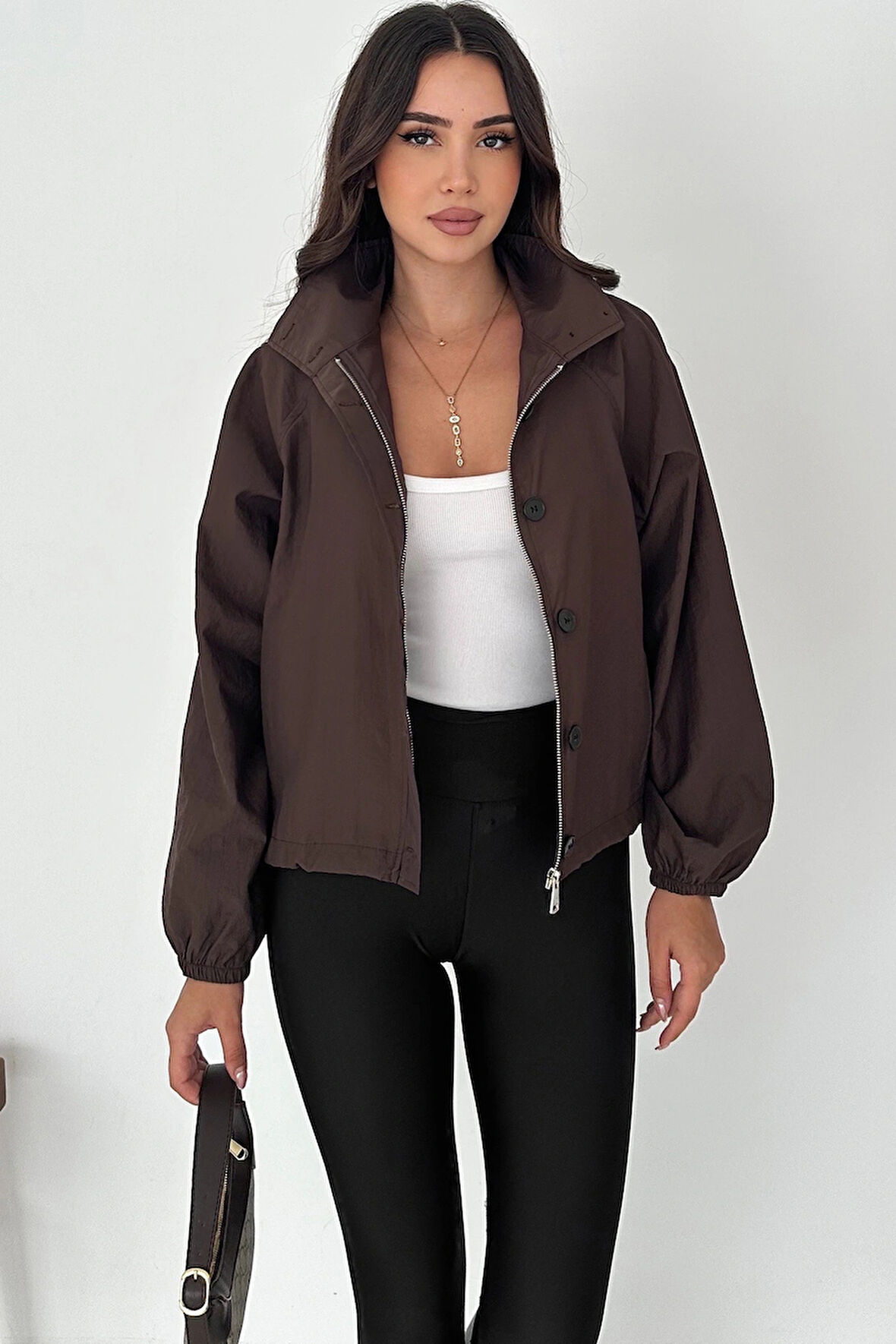 Stoperli Düğmeli Kahverengi Ceket