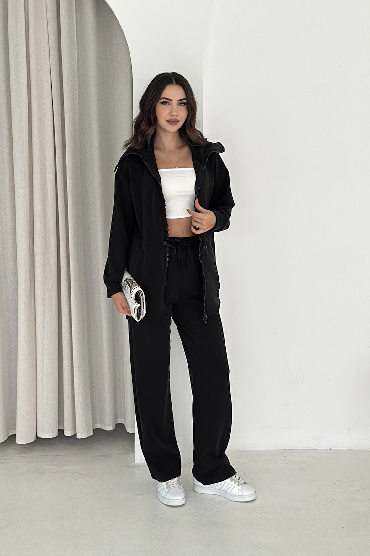 Şal Yaka Çift Fermuarlı Stoperli Modal Takım