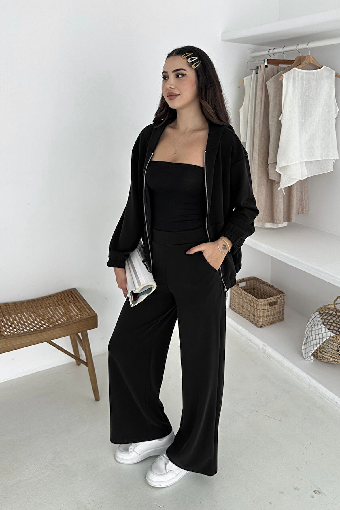 Beli Lastikli Fermuarlı Kapşonlu Premium Kalite Modal Takım