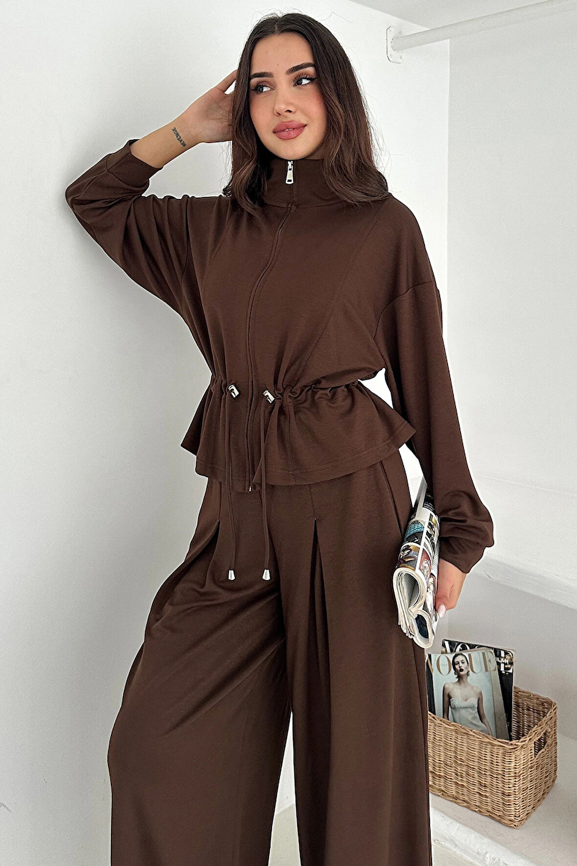 Fermuarlı Bel Detaylı Palazo Pantolonlu Modal Takım