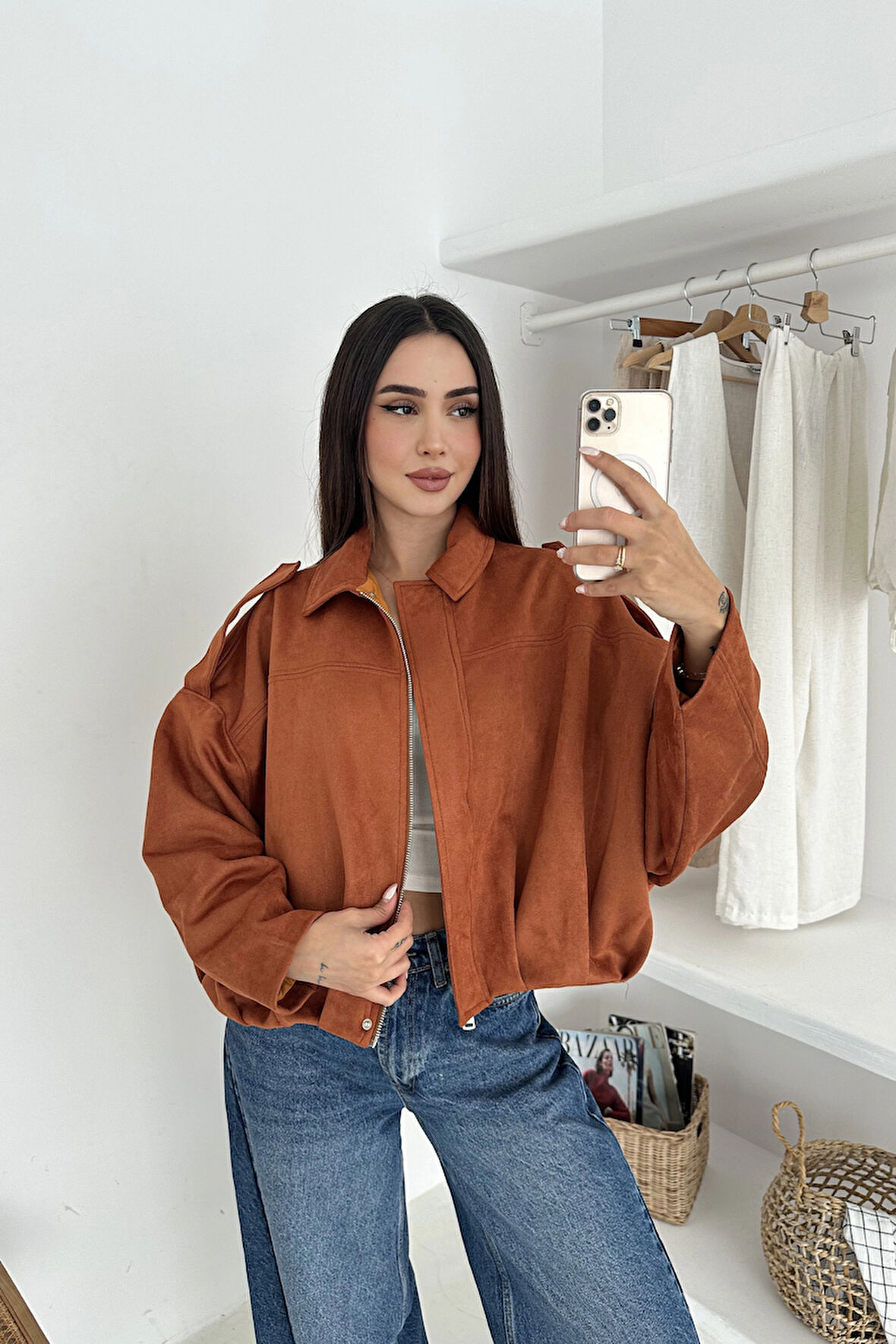 Oversize Astarlı Bomber Süet Ceket