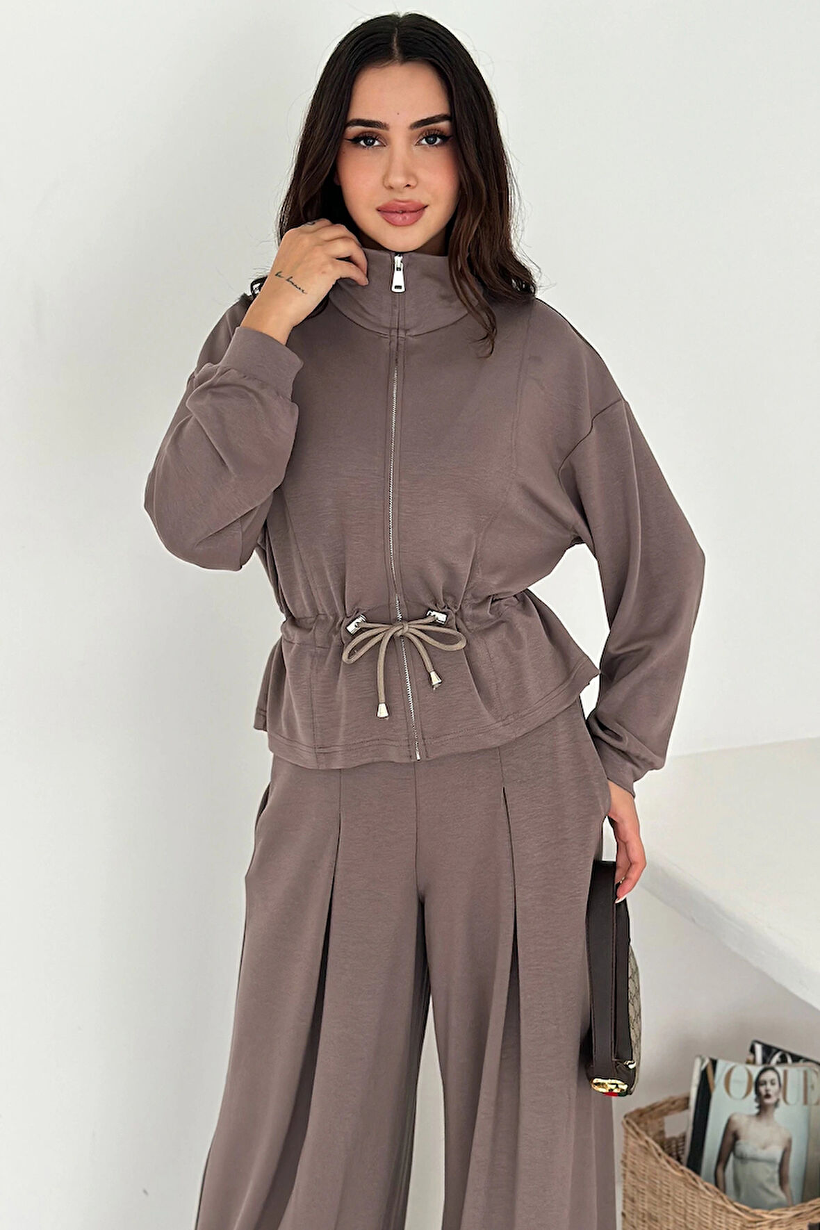 Fermuarlı Bel Detaylı Palazo Pantolonlu Modal Takım