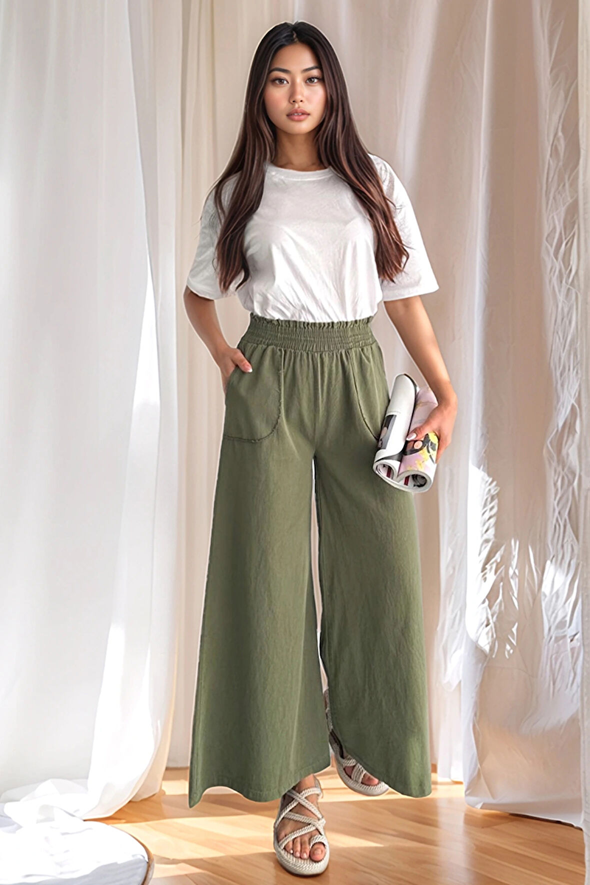 Kadın Bel Lastikli Cepli Bol Paça KotonHaki Pantolon