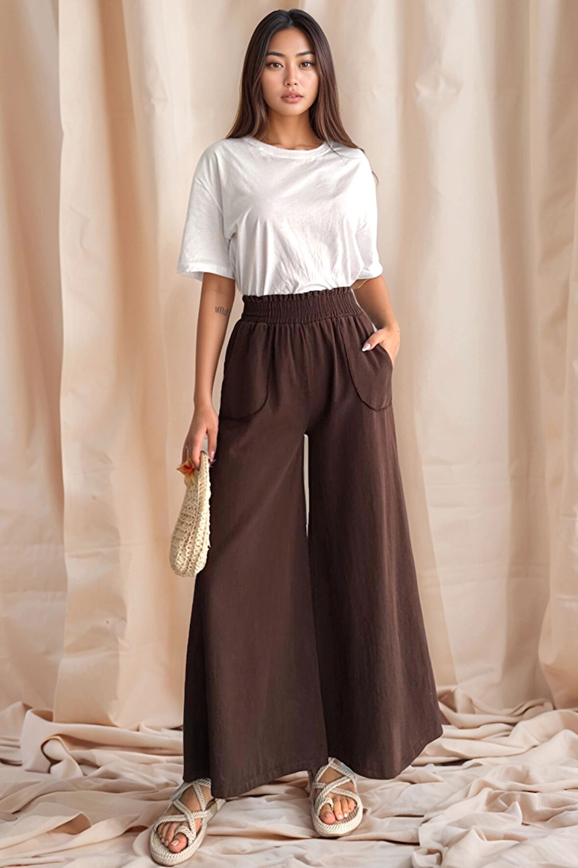 Kadın Bel Lastikli Cepli Bol Paça Koton Kahve Pantolon