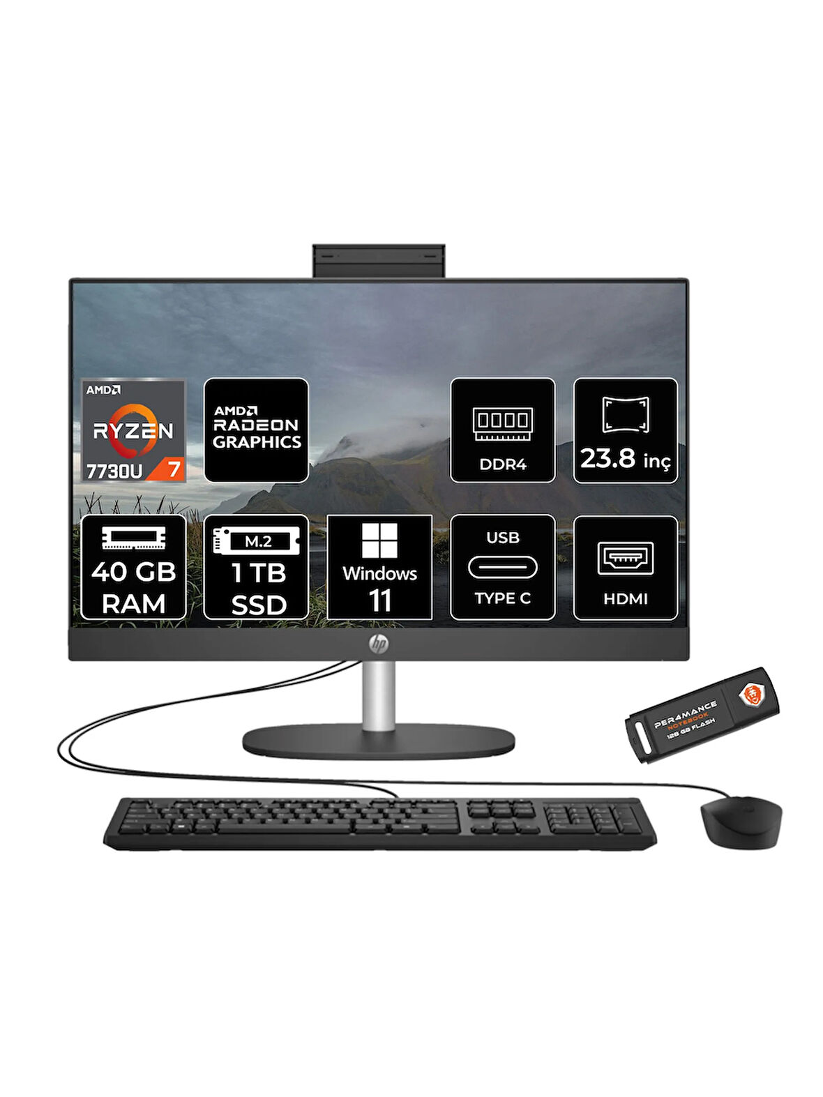 HP ProOne 245 G10 R7 7730U 40GB 1TB SSD 23.8" Full HD IPS W11H All In One PC Siyah & PER4 Bellek