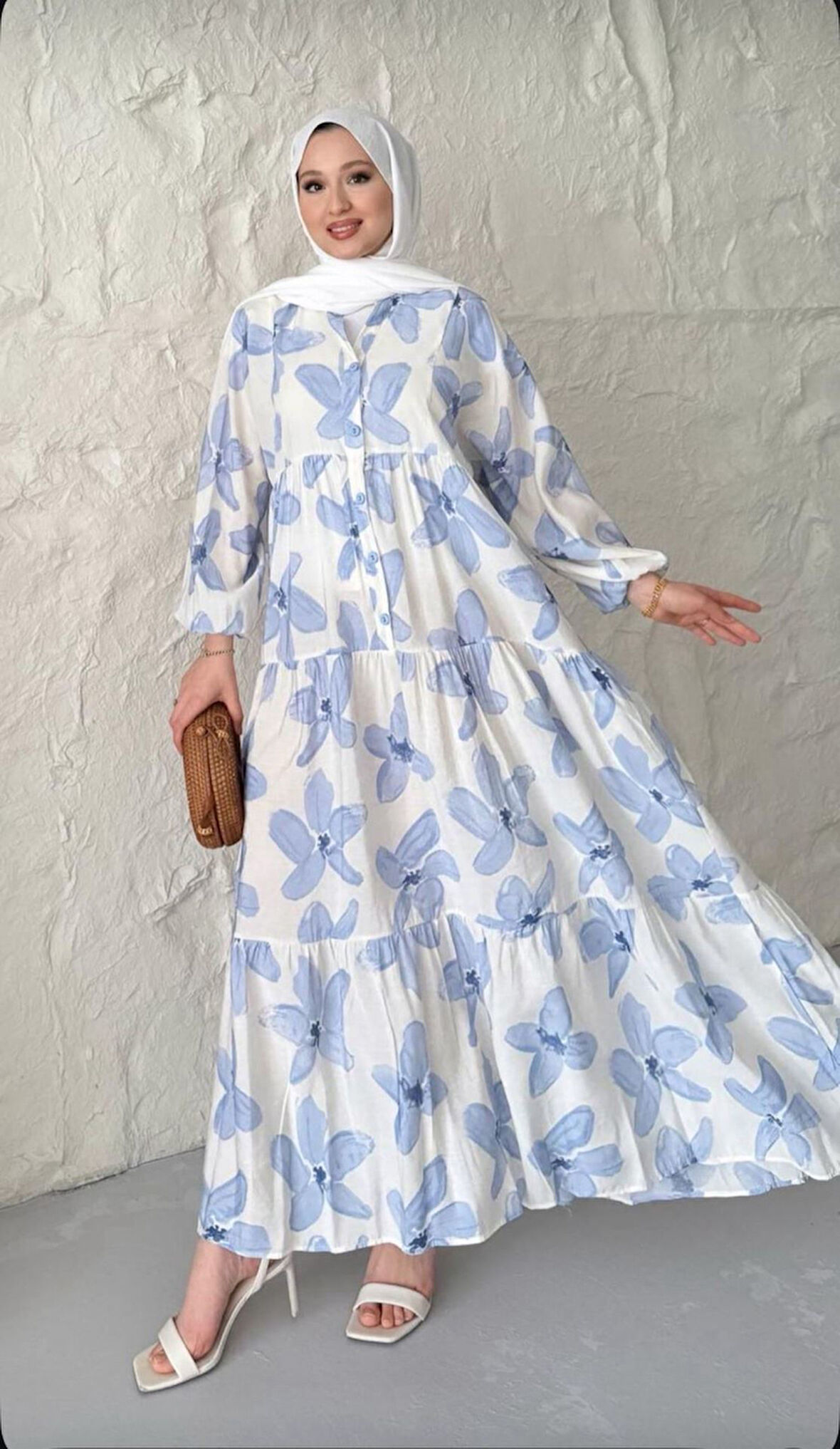 MODAL KUMAŞ ÇİÇEKLİ DÜĞMELİ ELBİSE - MAVİ