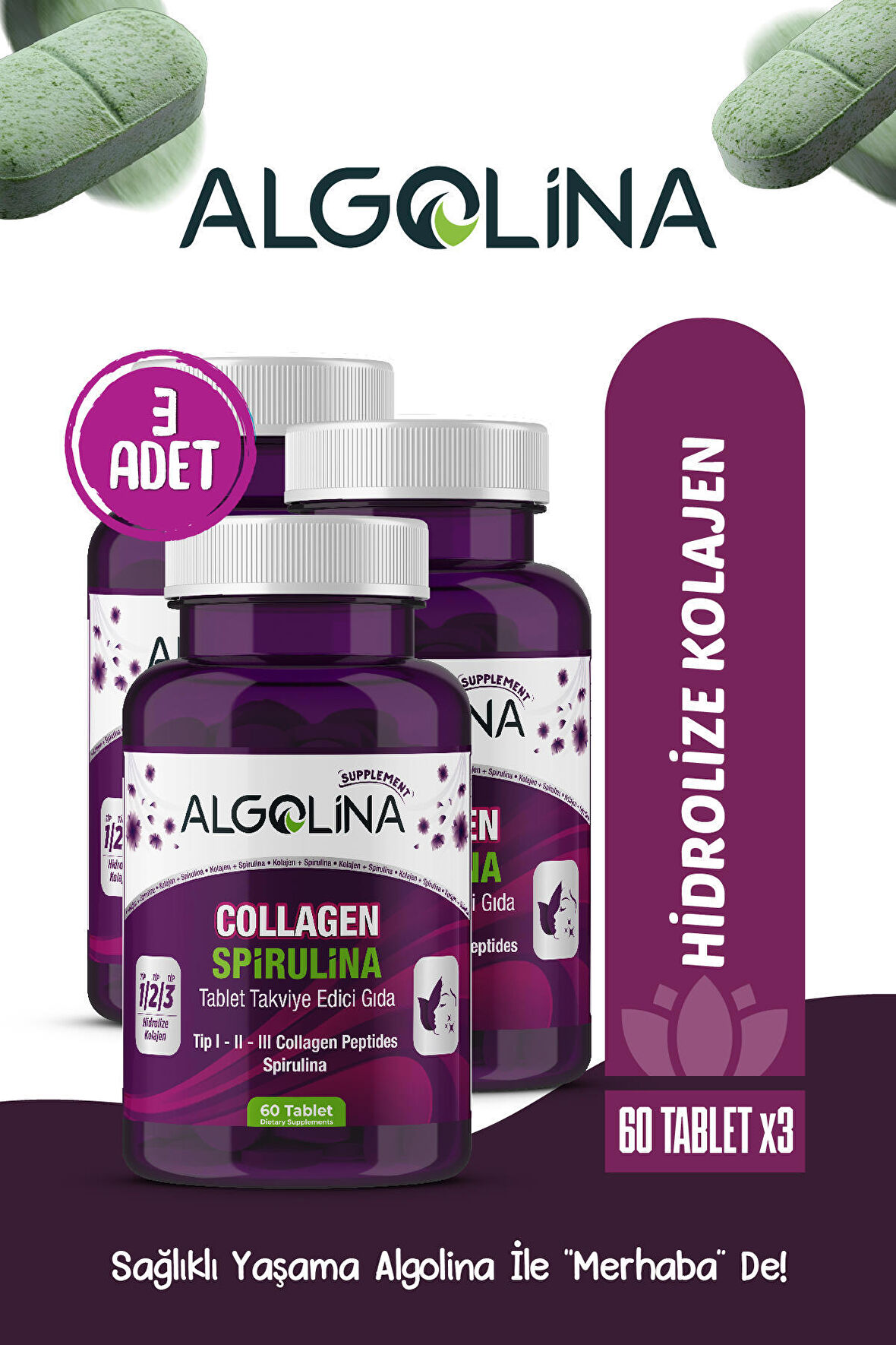 Collagen+spirulina Tablet Takviye Edici Gıda -1260 Mg 60 Tablet-(kolajen Tip 123) (3 Adet)