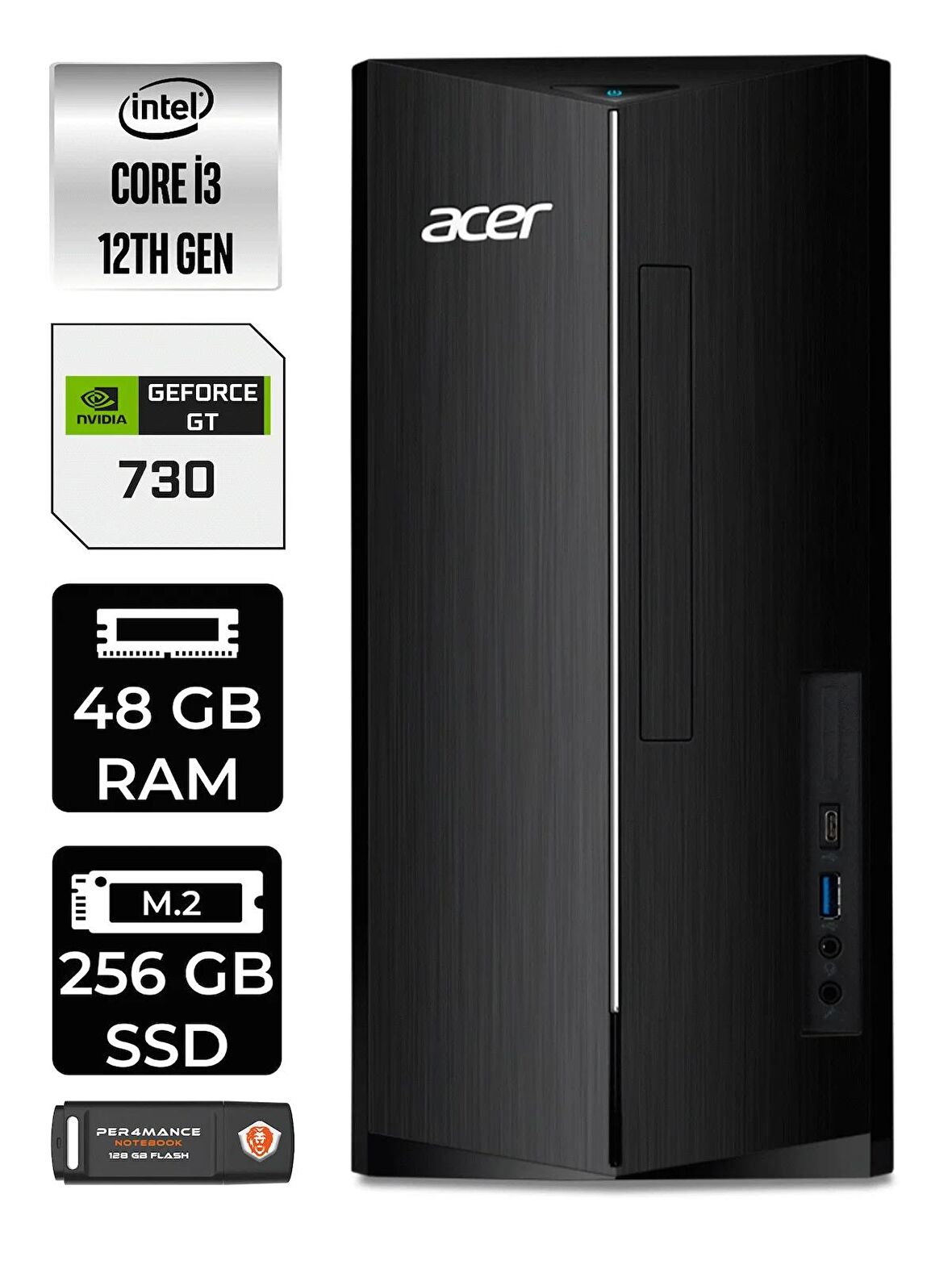 Lenovo NEO 50T i3 12100 48GB RAM 256GB SSD RX550/4GB FDOS 11SC001ATX MASAÜSTÜ PC & PER4 BELLEK