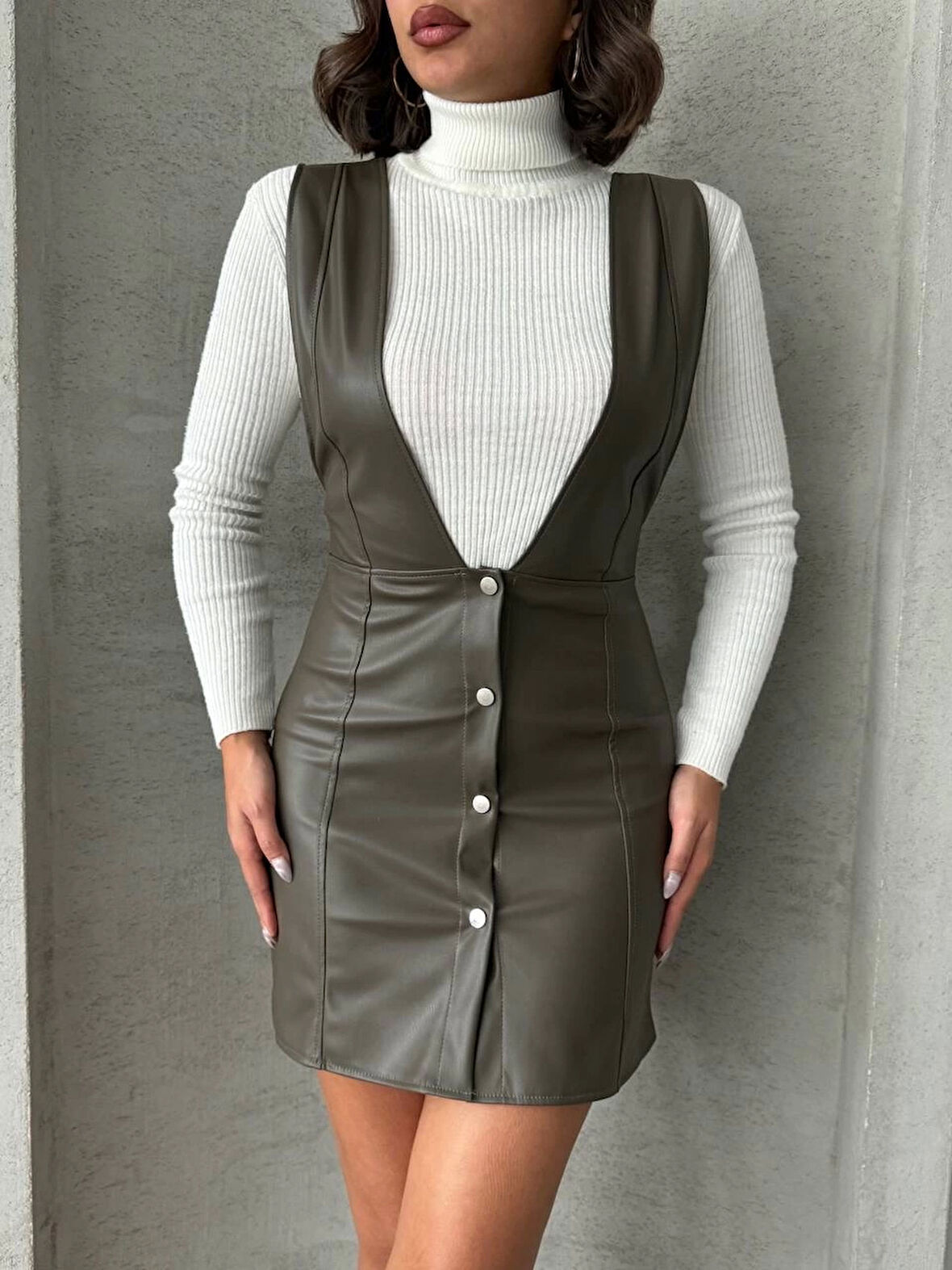 Haki Deri V Yaka Mini Jile Elbise
