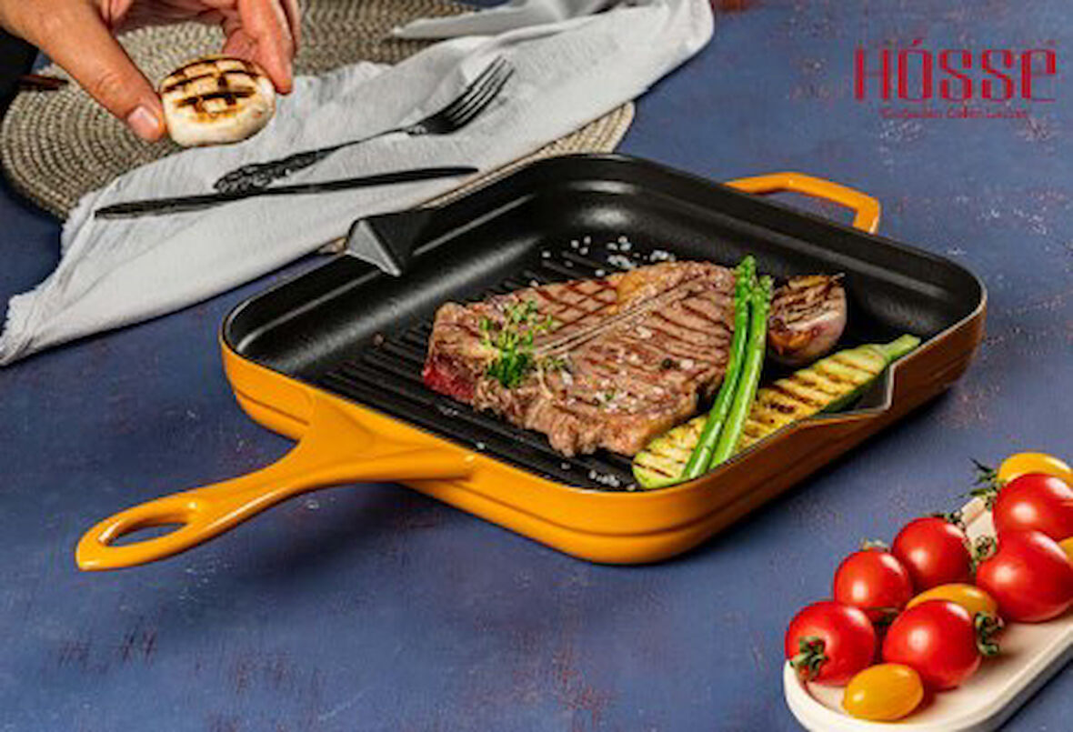 Hosse Hskgtv 2828 Kare Grill Döküm Tava 28X28 cm Yardımcı Kulplu Sarı